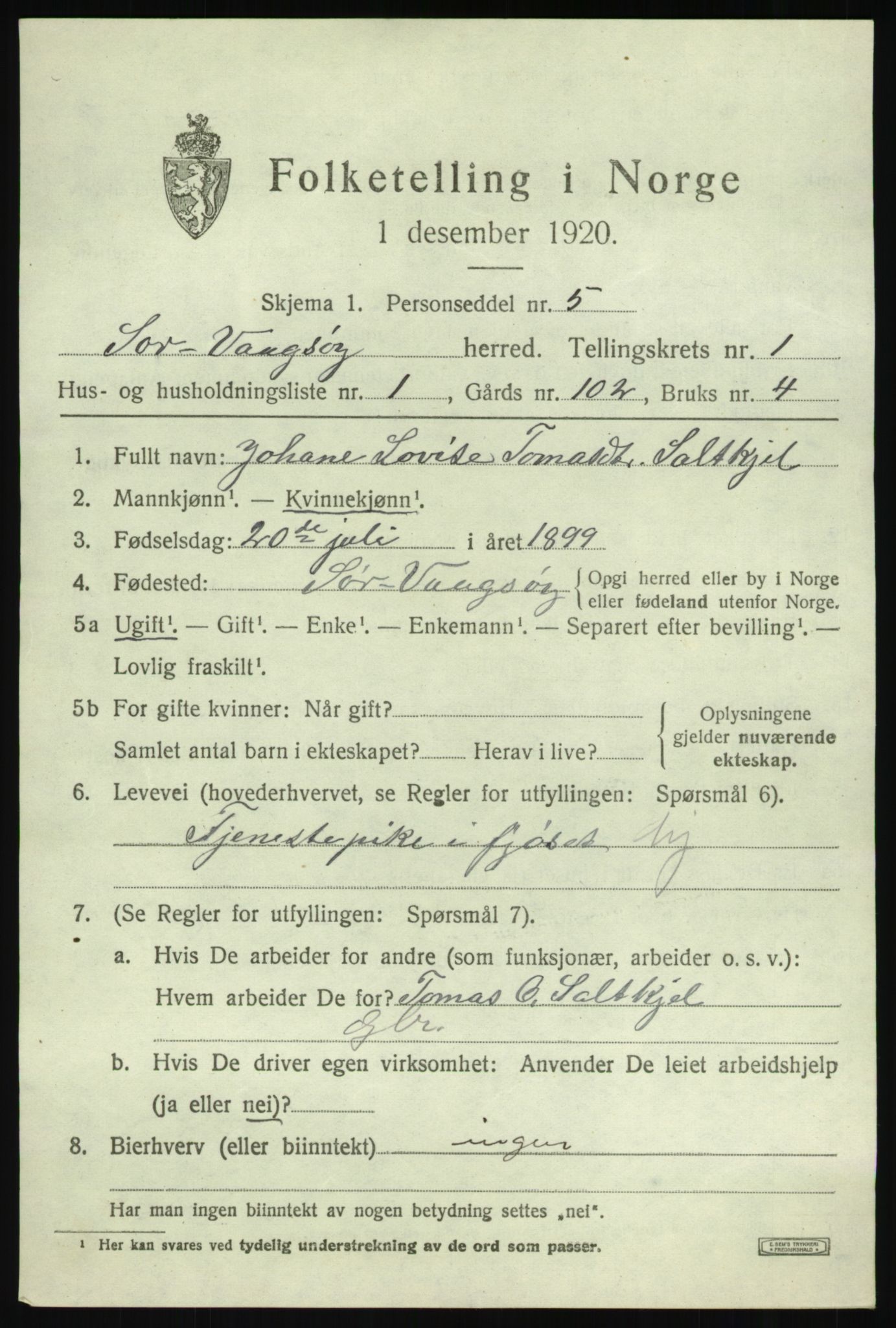 SAB, 1920 census for Sør-Vågsøy, 1920, p. 586