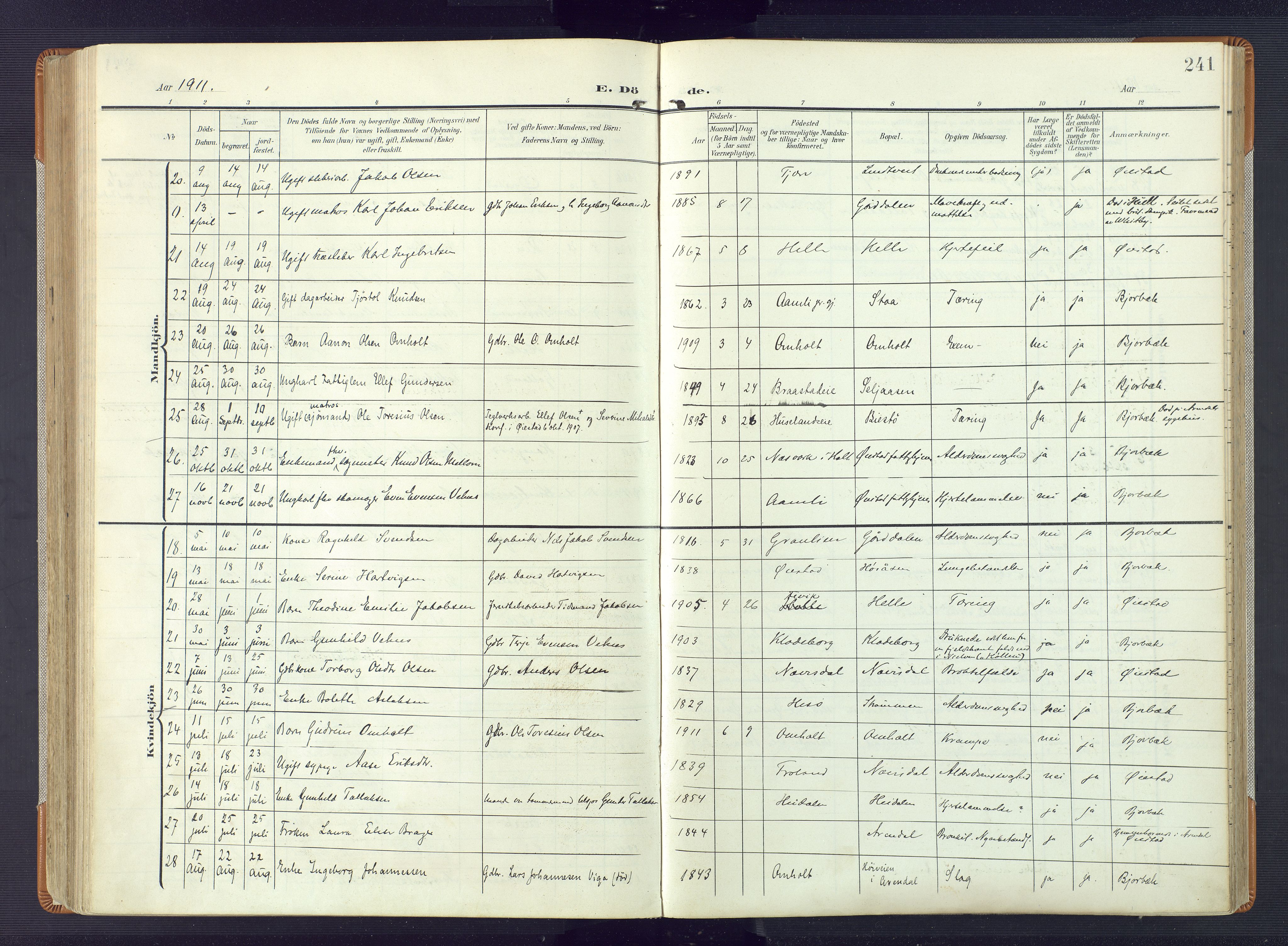 Øyestad sokneprestkontor, AV/SAK-1111-0049/F/Fa/L0019: Parish register (official) no. A 19, 1908-1922, p. 241