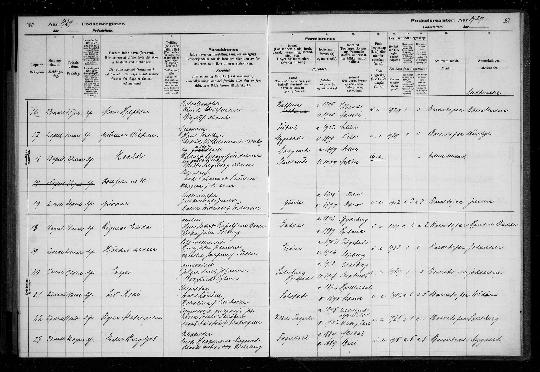Askim prestekontor Kirkebøker, AV/SAO-A-10900/J/Ja/L0001: Birth register no. 1, 1916-1929, p. 187