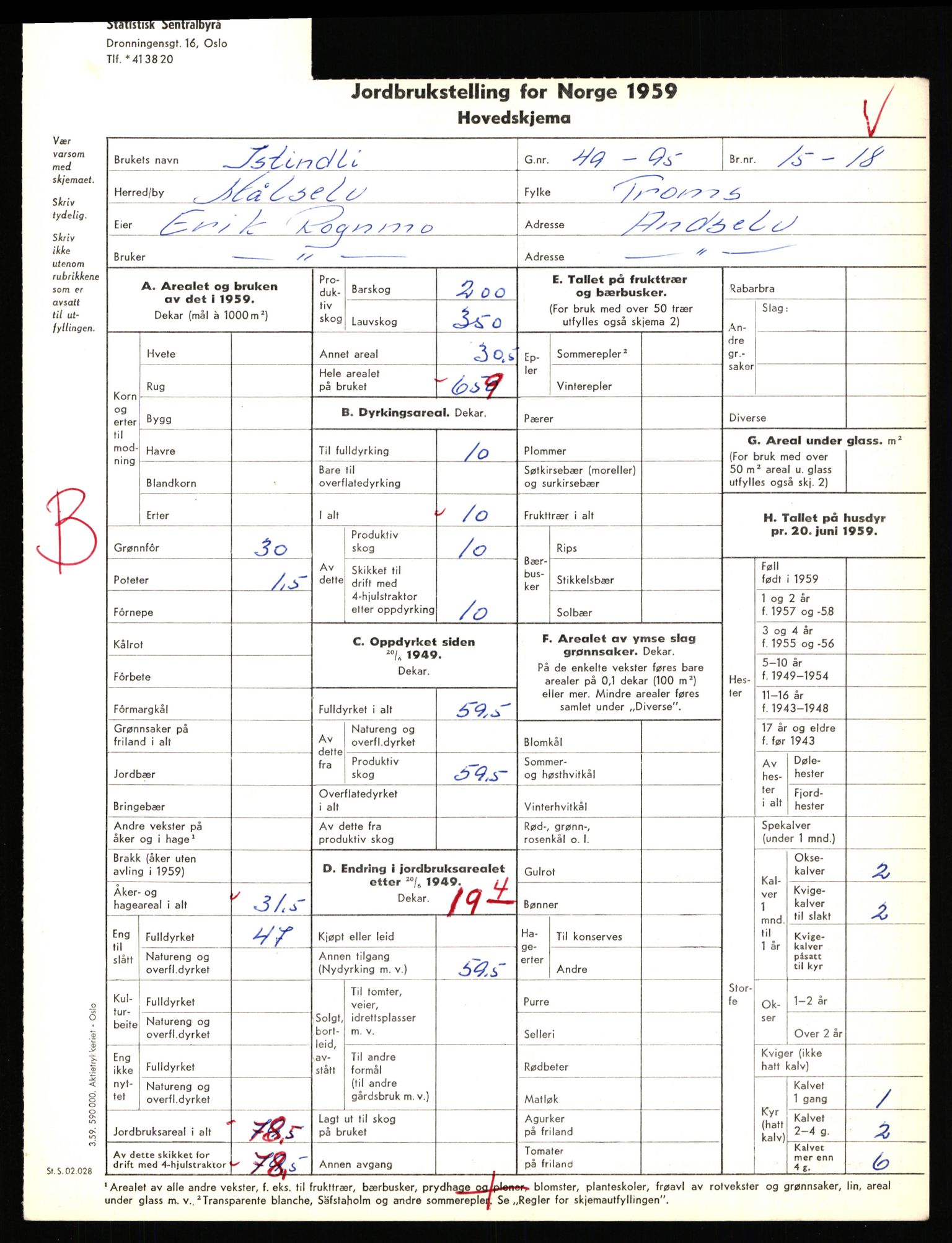 Statistisk sentralbyrå, Næringsøkonomiske emner, Jordbruk, skogbruk, jakt, fiske og fangst, AV/RA-S-2234/G/Gd/L0655: Troms: 1924 Målselv (kl. 4-10), 1959, p. 1062