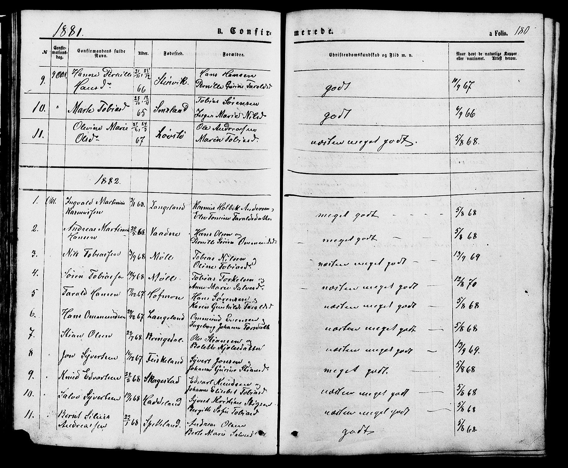 Holum sokneprestkontor, SAK/1111-0022/F/Fb/Fba/L0004: Parish register (copy) no. B 4, 1867-1890, p. 180