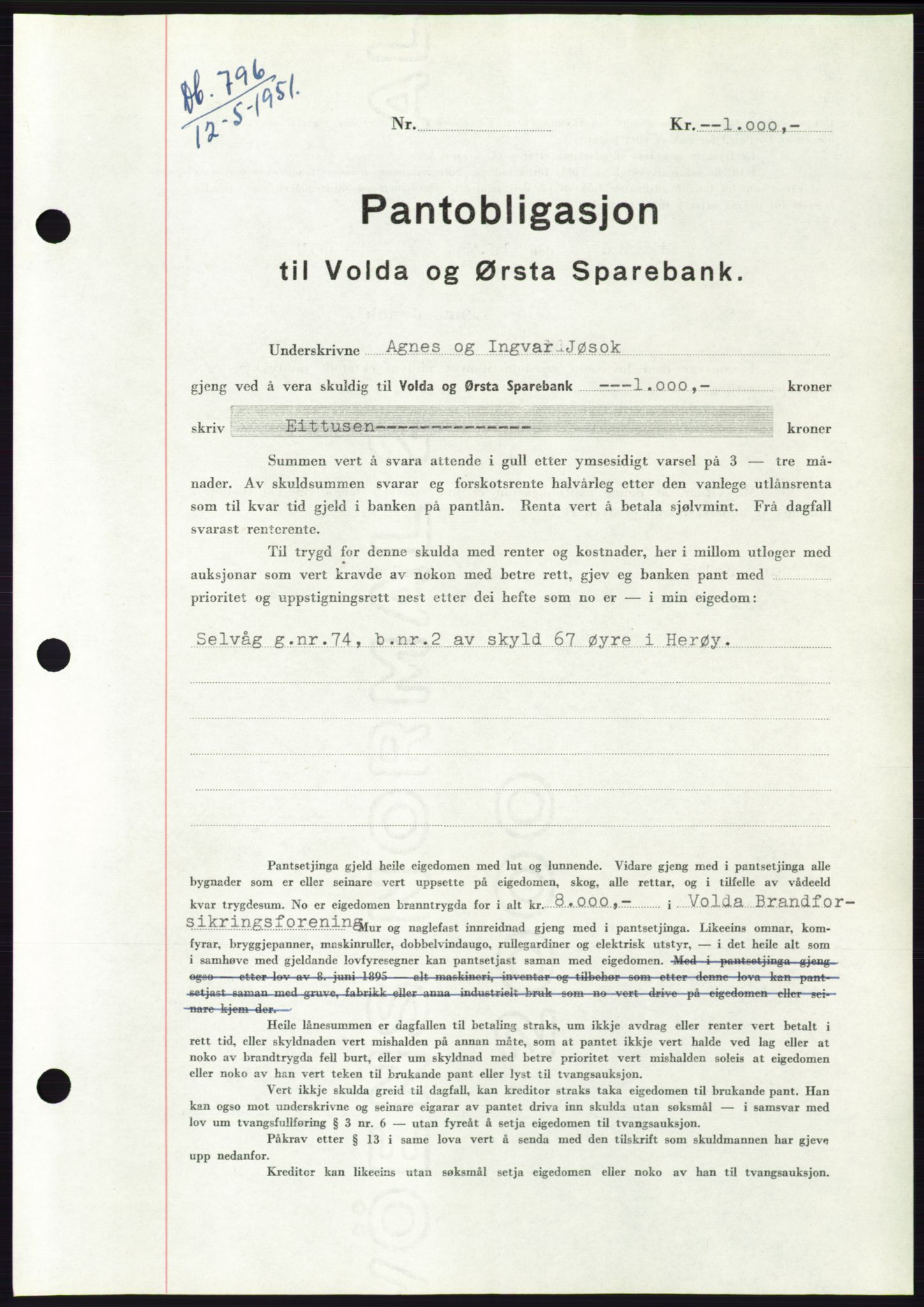 Søre Sunnmøre sorenskriveri, AV/SAT-A-4122/1/2/2C/L0120: Mortgage book no. 8B, 1951-1951, Diary no: : 796/1951