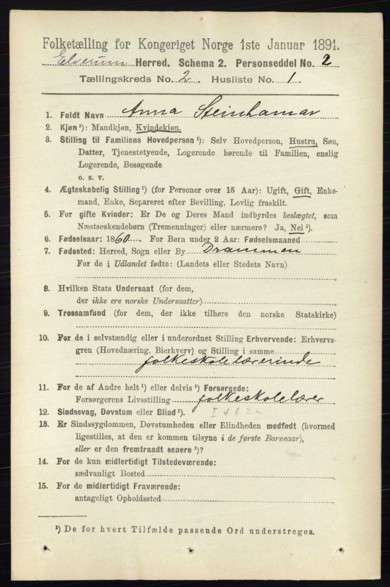 RA, 1891 census for 0427 Elverum, 1891, p. 1218