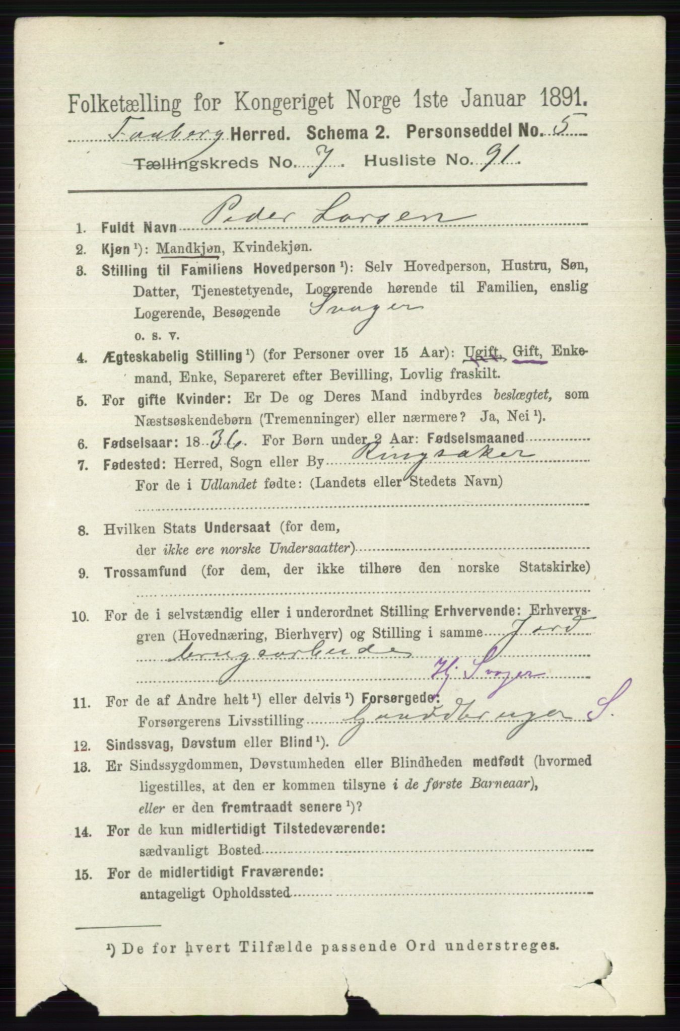 RA, 1891 census for 0524 Fåberg, 1891, p. 3318