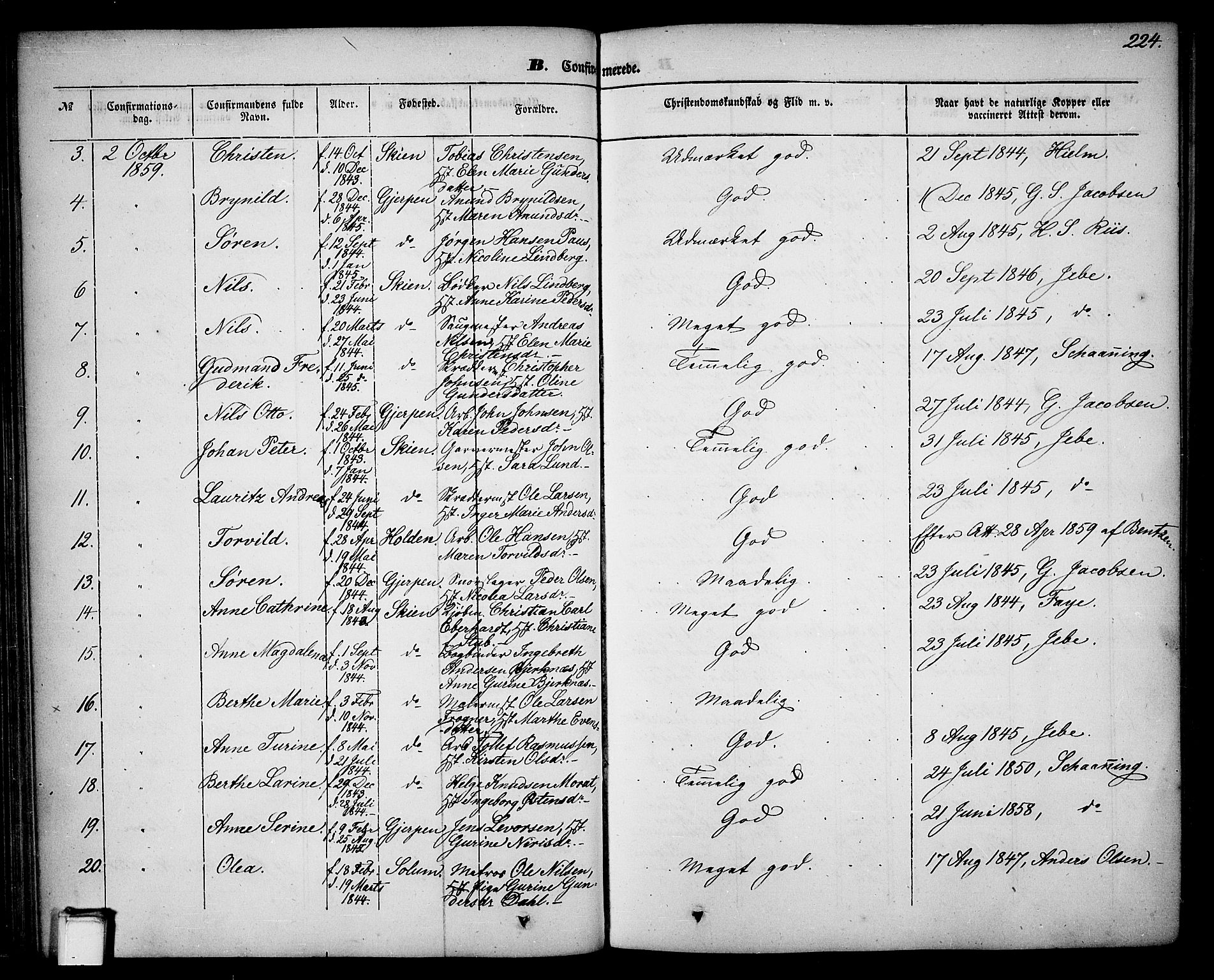 Skien kirkebøker, AV/SAKO-A-302/G/Ga/L0004: Parish register (copy) no. 4, 1843-1867, p. 224