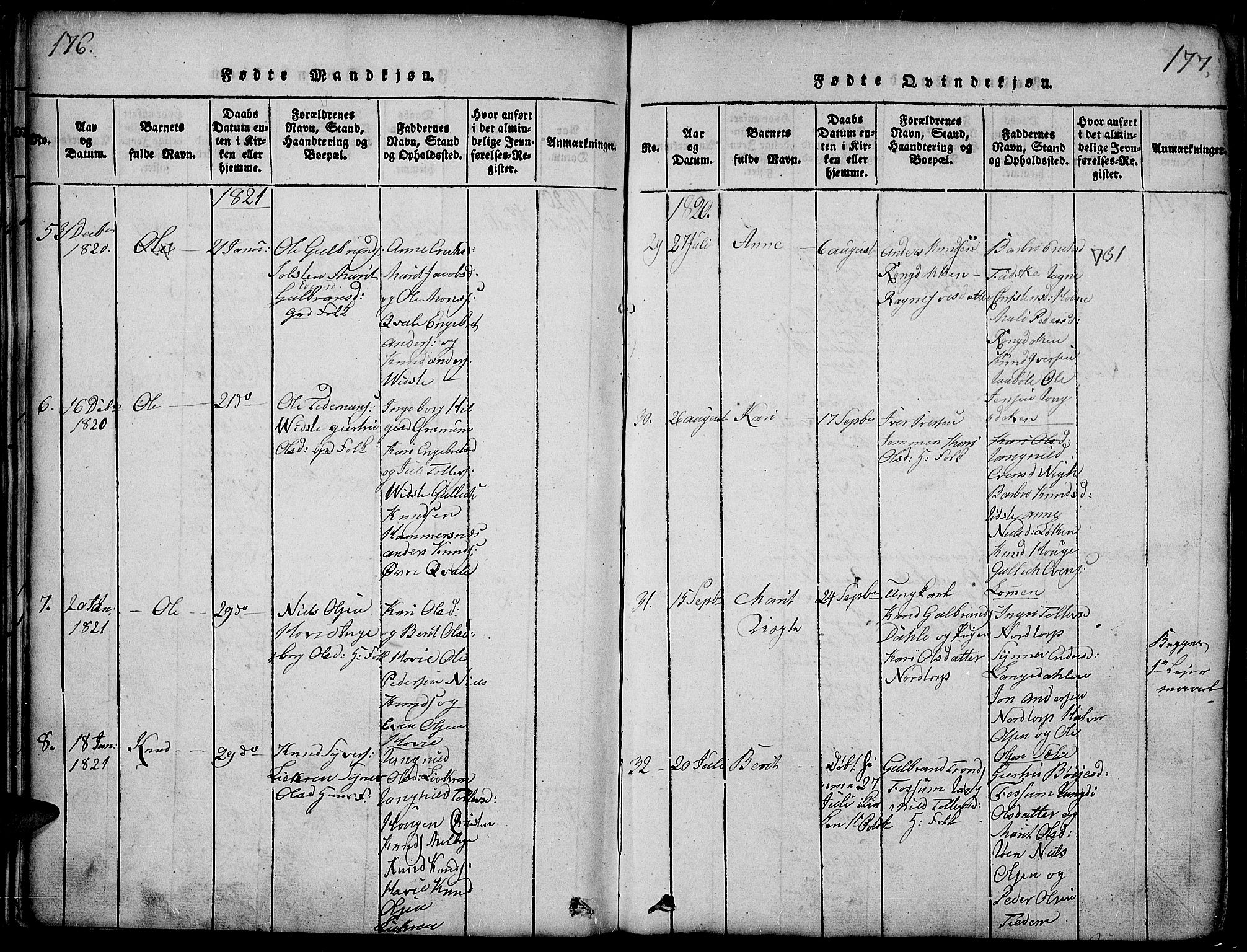 Slidre prestekontor, AV/SAH-PREST-134/H/Ha/Haa/L0002: Parish register (official) no. 2, 1814-1830, p. 176-177