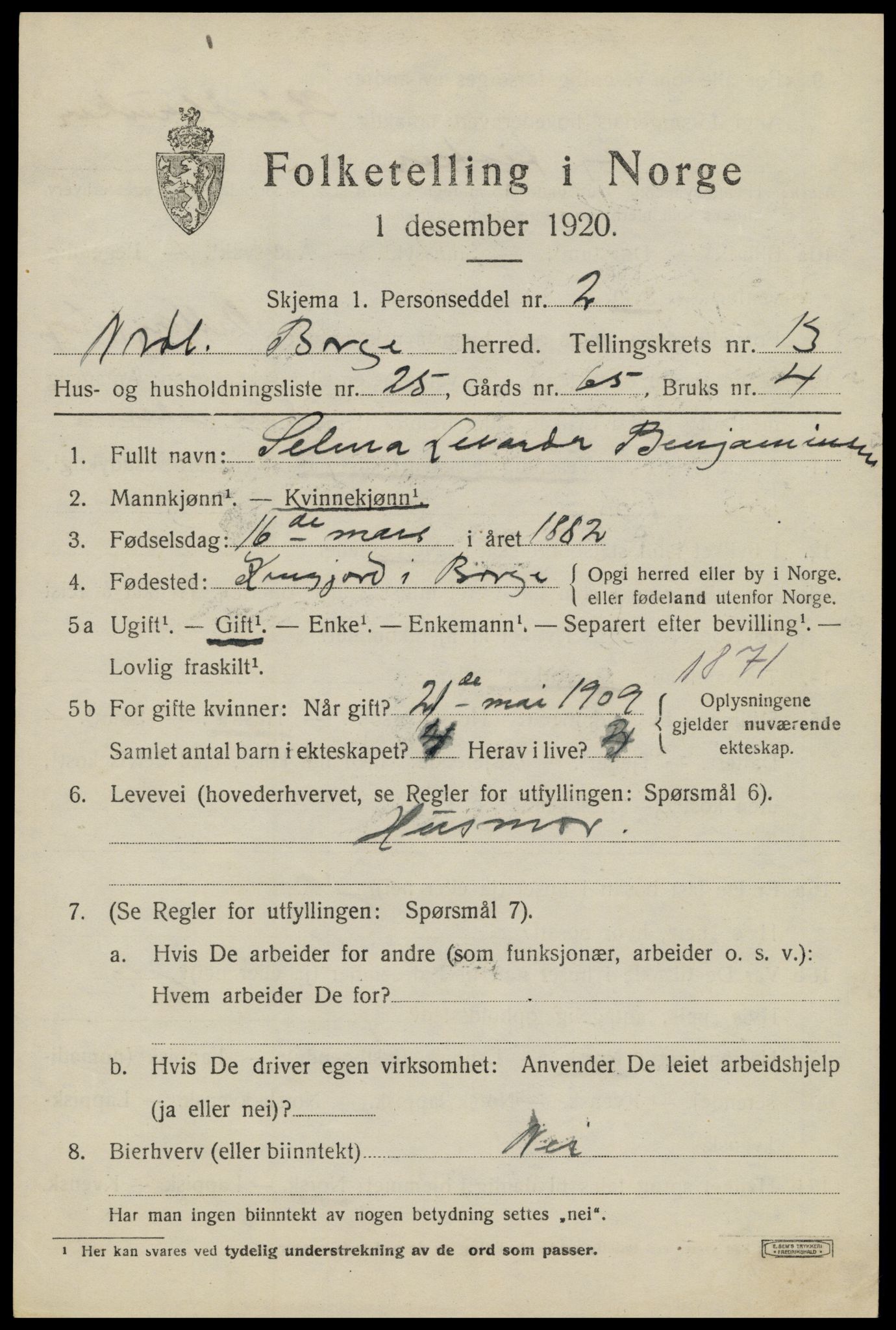 SAT, 1920 census for Borge, 1920, p. 10595