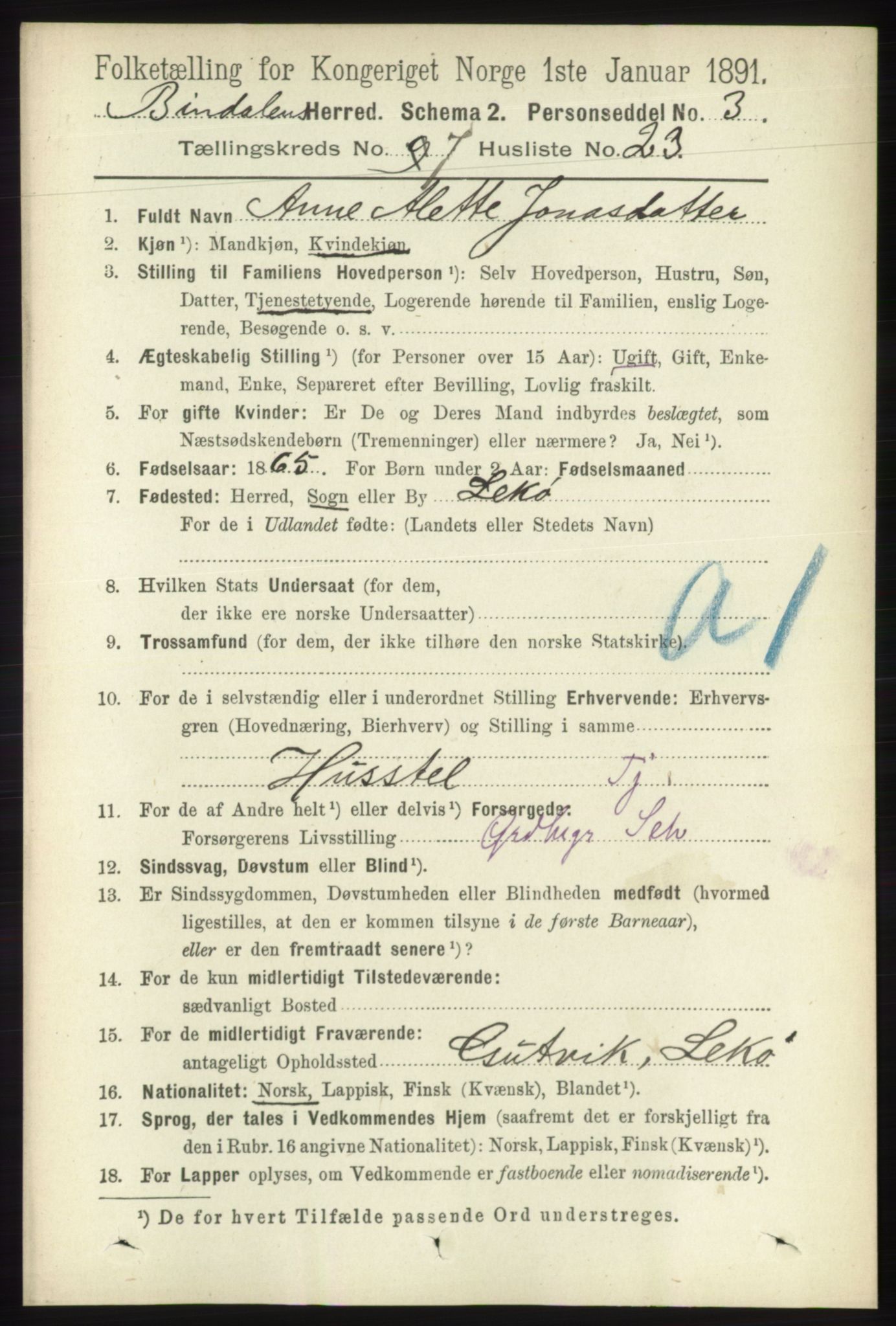 RA, 1891 census for 1811 Bindal, 1891, p. 2399