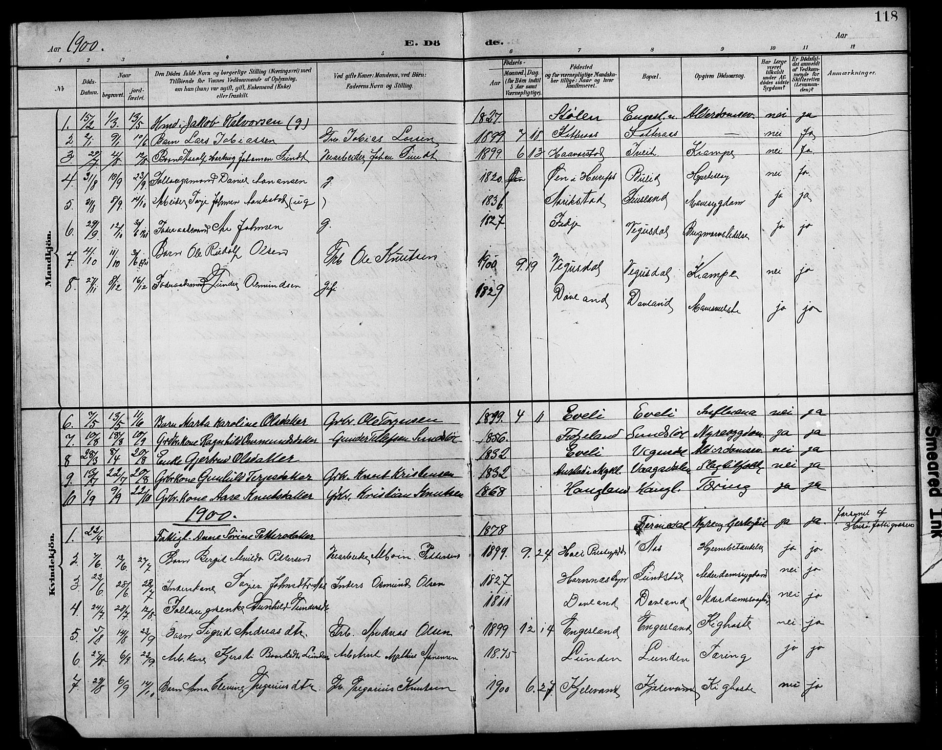 Herefoss sokneprestkontor, SAK/1111-0019/F/Fb/Fbb/L0003: Parish register (copy) no. B 3, 1892-1917, p. 118