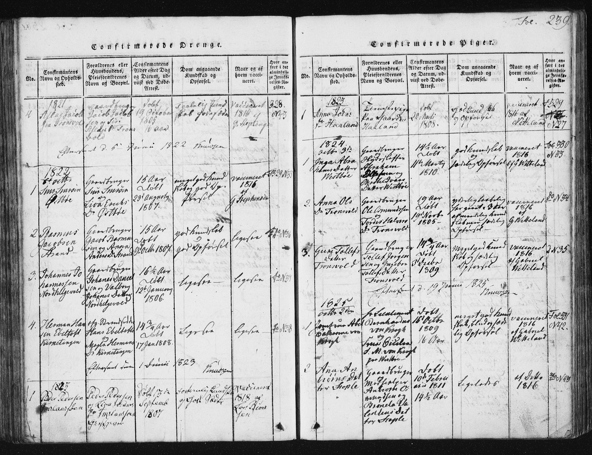 Vikedal sokneprestkontor, SAST/A-101840/01/V: Parish register (copy) no. B 2, 1816-1863, p. 239