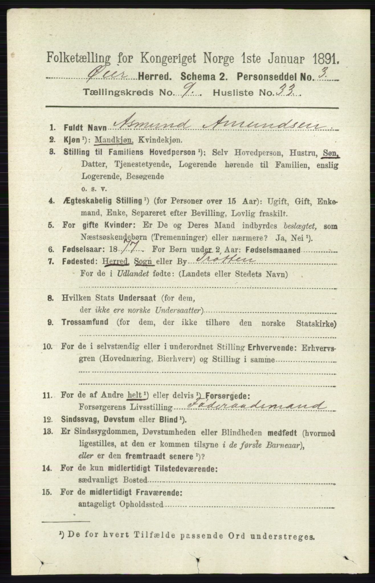 RA, 1891 census for 0521 Øyer, 1891, p. 3306