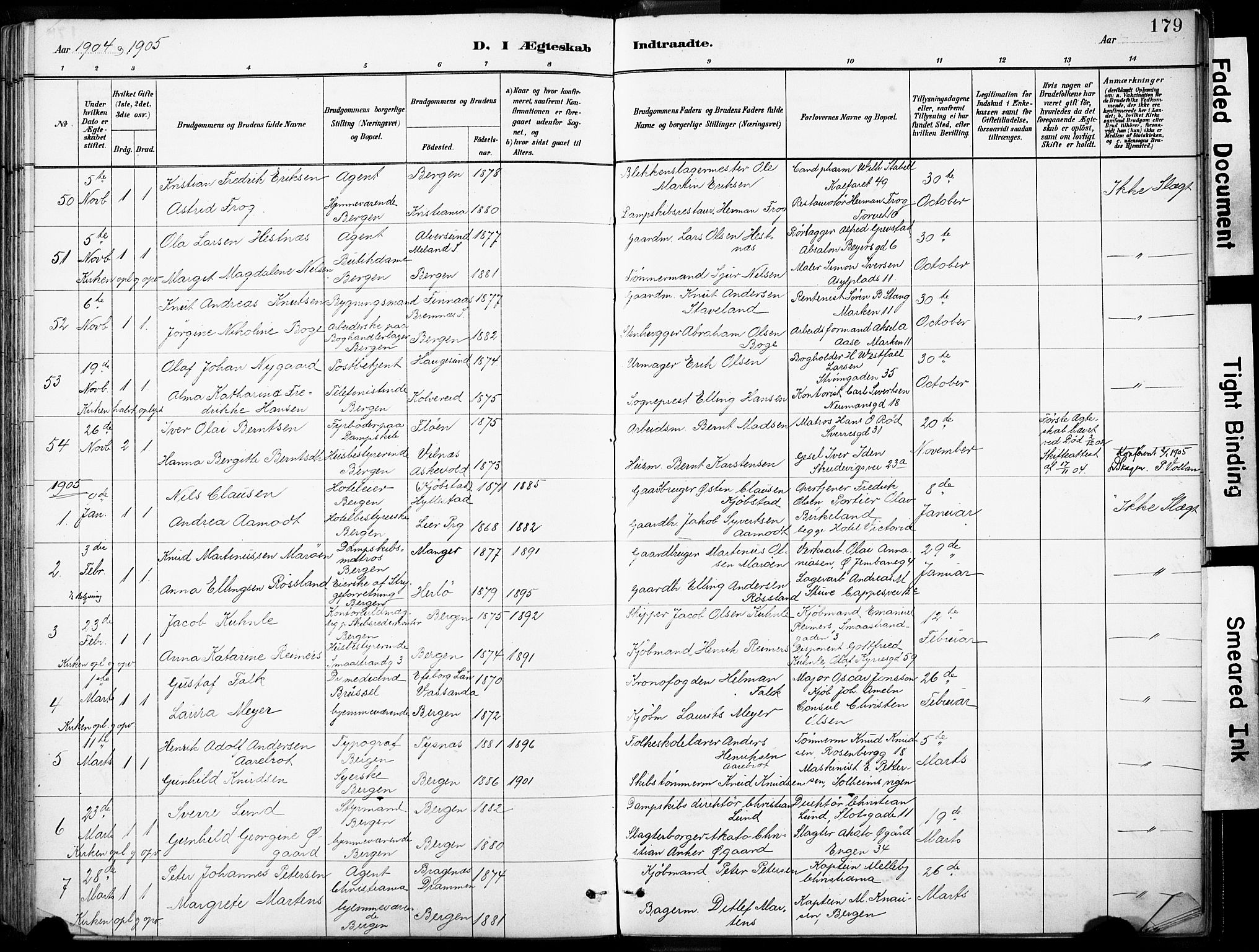 Domkirken sokneprestembete, SAB/A-74801/H/Haa/L0037: Parish register (official) no. D 4, 1880-1907, p. 179