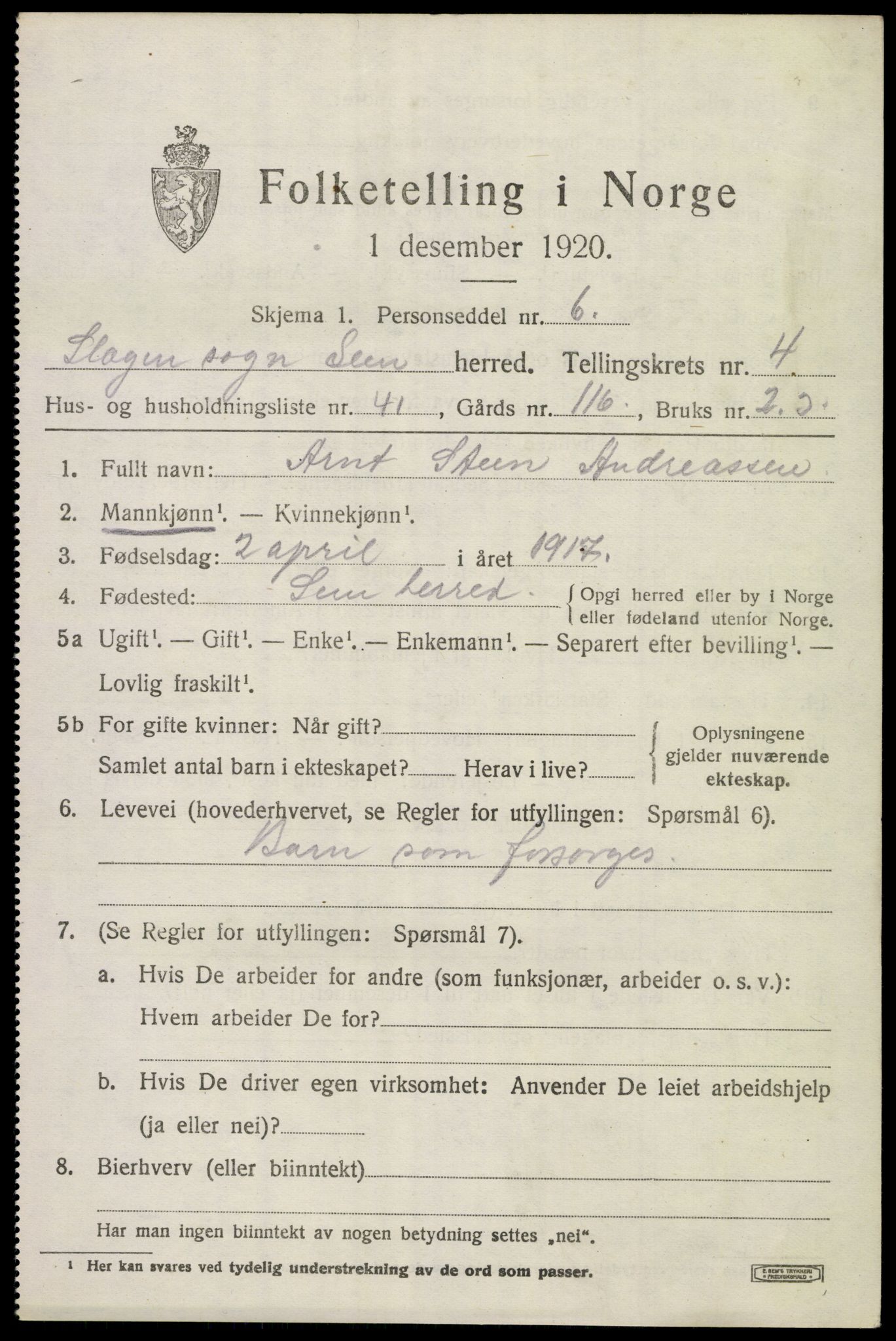SAKO, 1920 census for Sem, 1920, p. 7521
