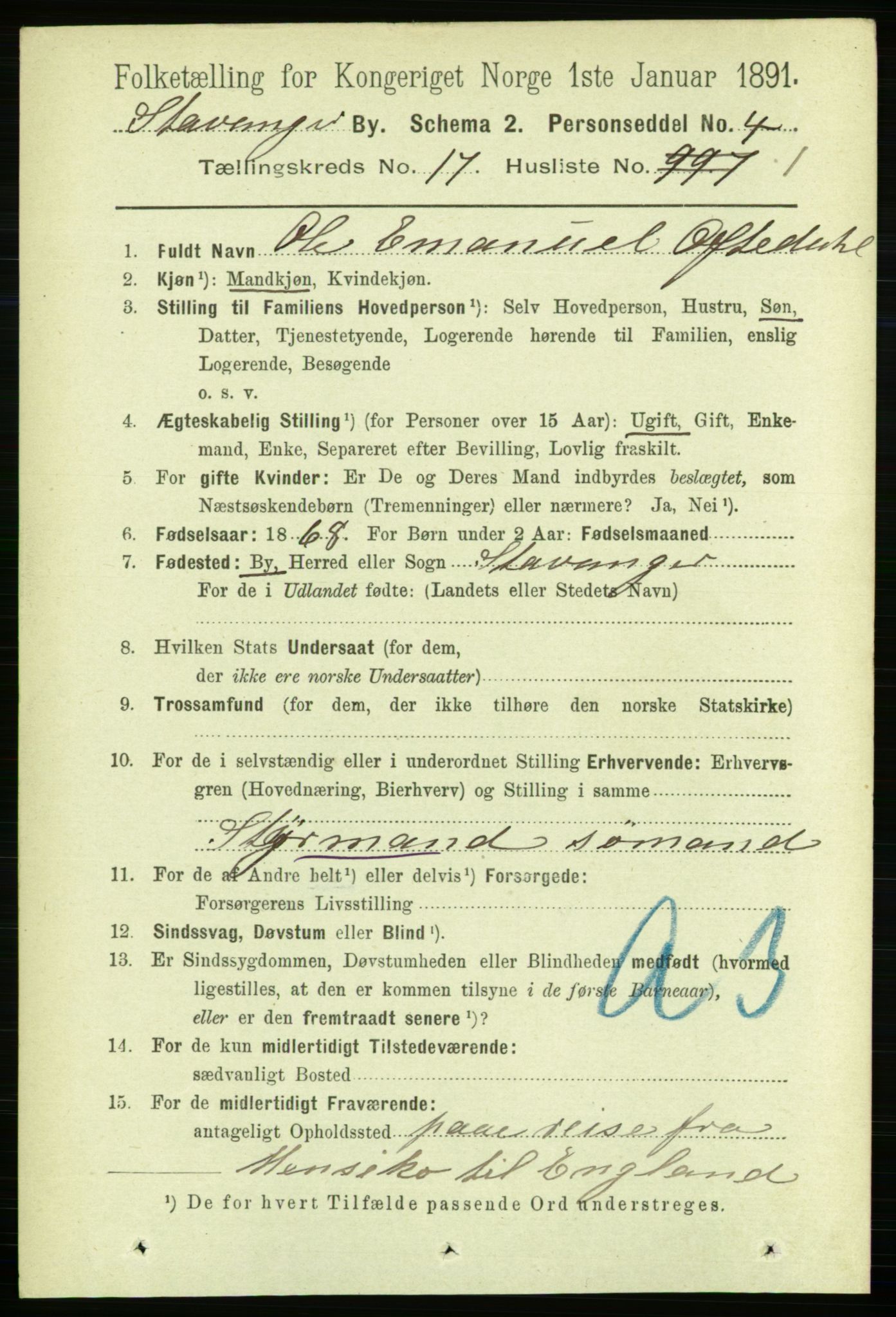 RA, 1891 census for 1103 Stavanger, 1891, p. 19819