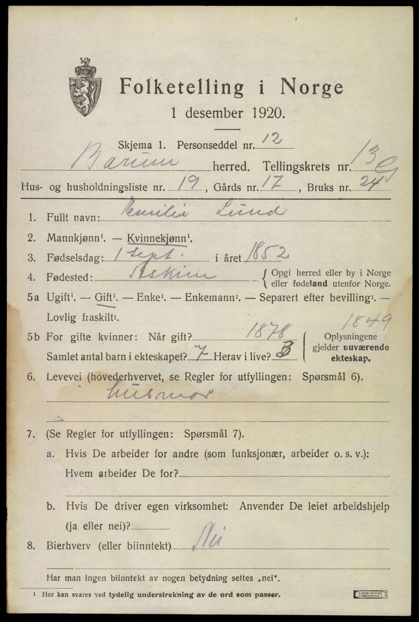 SAO, 1920 census for Bærum, 1920, p. 40234