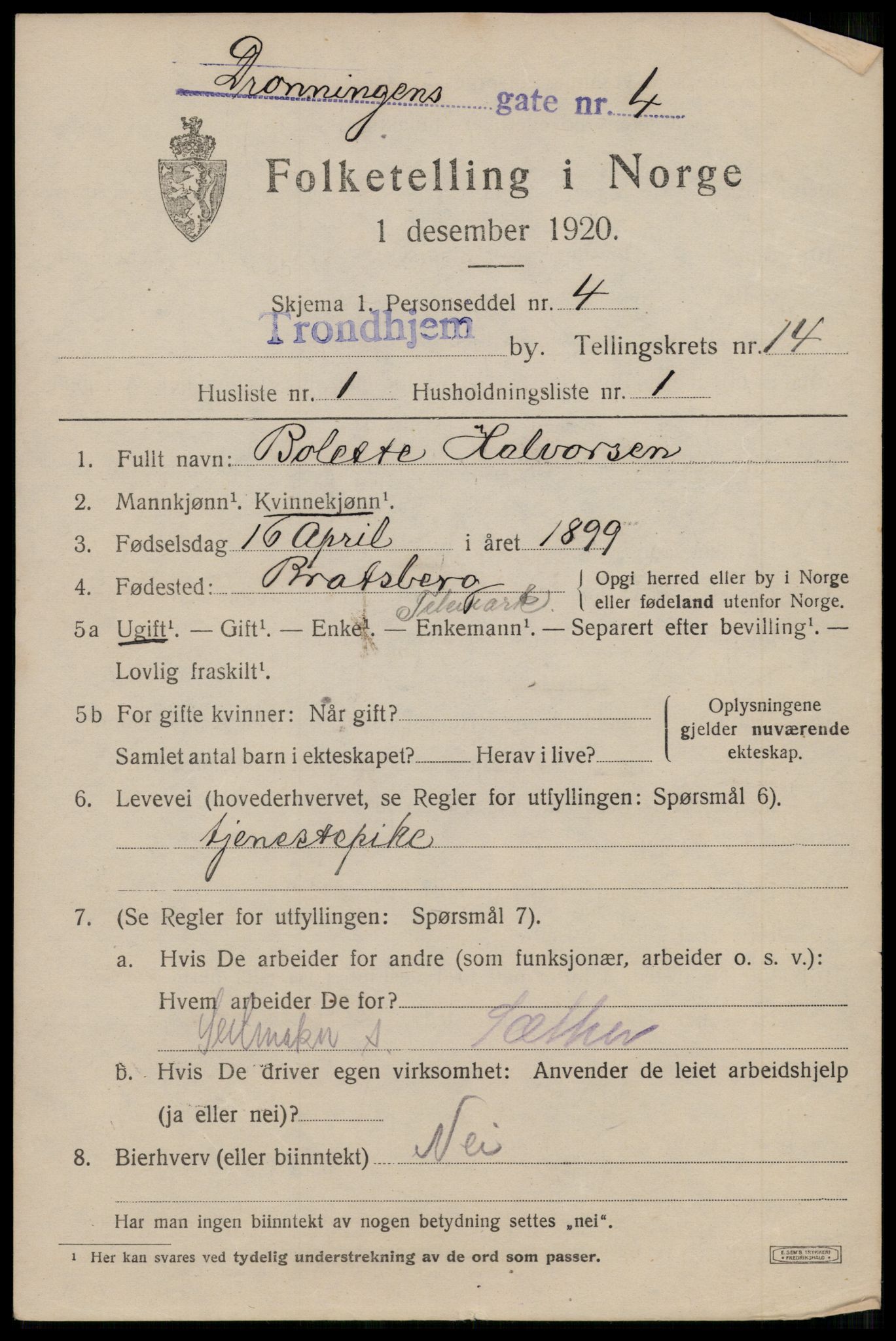 SAT, 1920 census for Trondheim, 1920, p. 51096