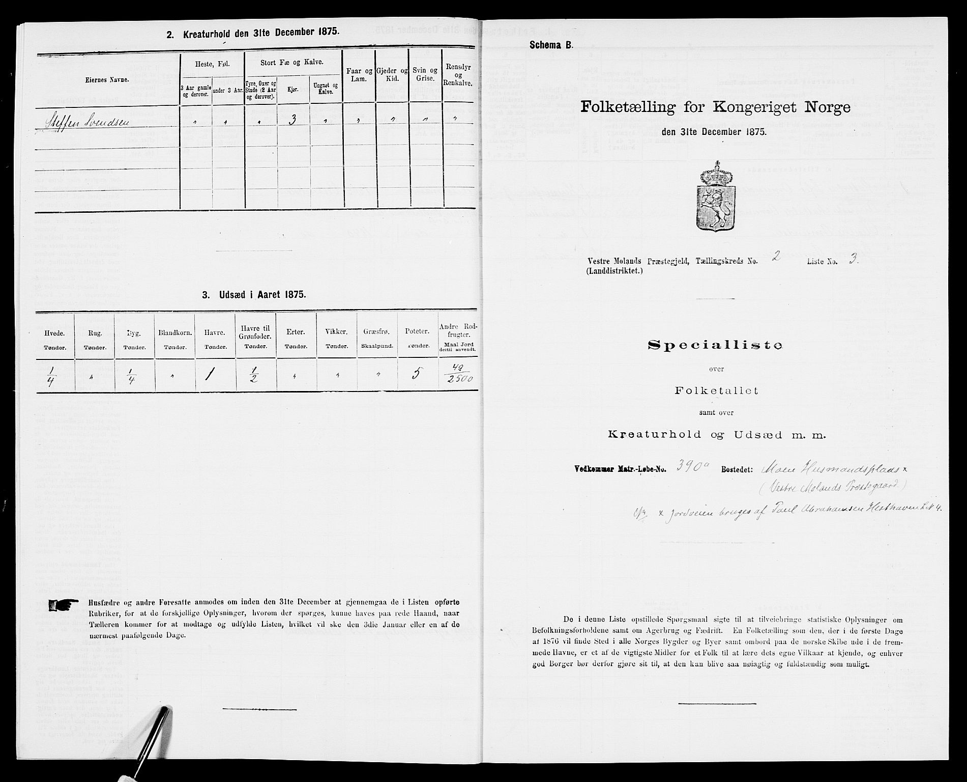 SAK, 1875 census for 0926L Vestre Moland/Vestre Moland, 1875, p. 180