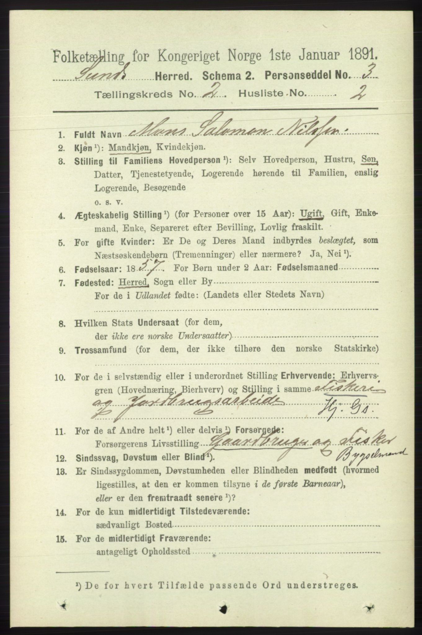 RA, 1891 census for 1245 Sund, 1891, p. 598