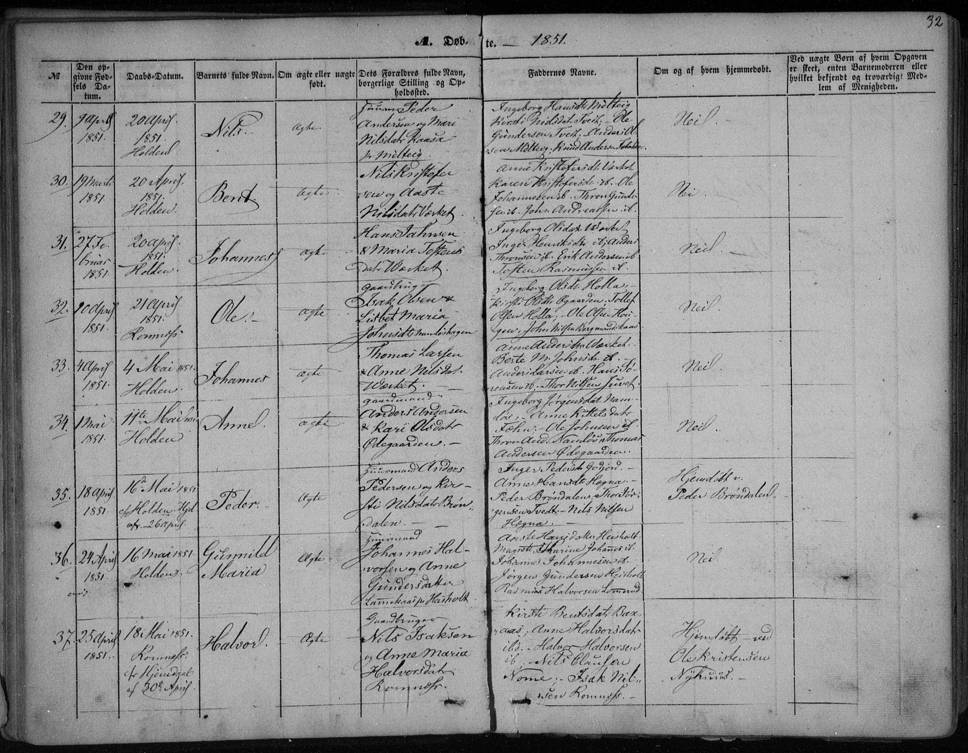 Holla kirkebøker, SAKO/A-272/F/Fa/L0005: Parish register (official) no. 5, 1849-1860, p. 32