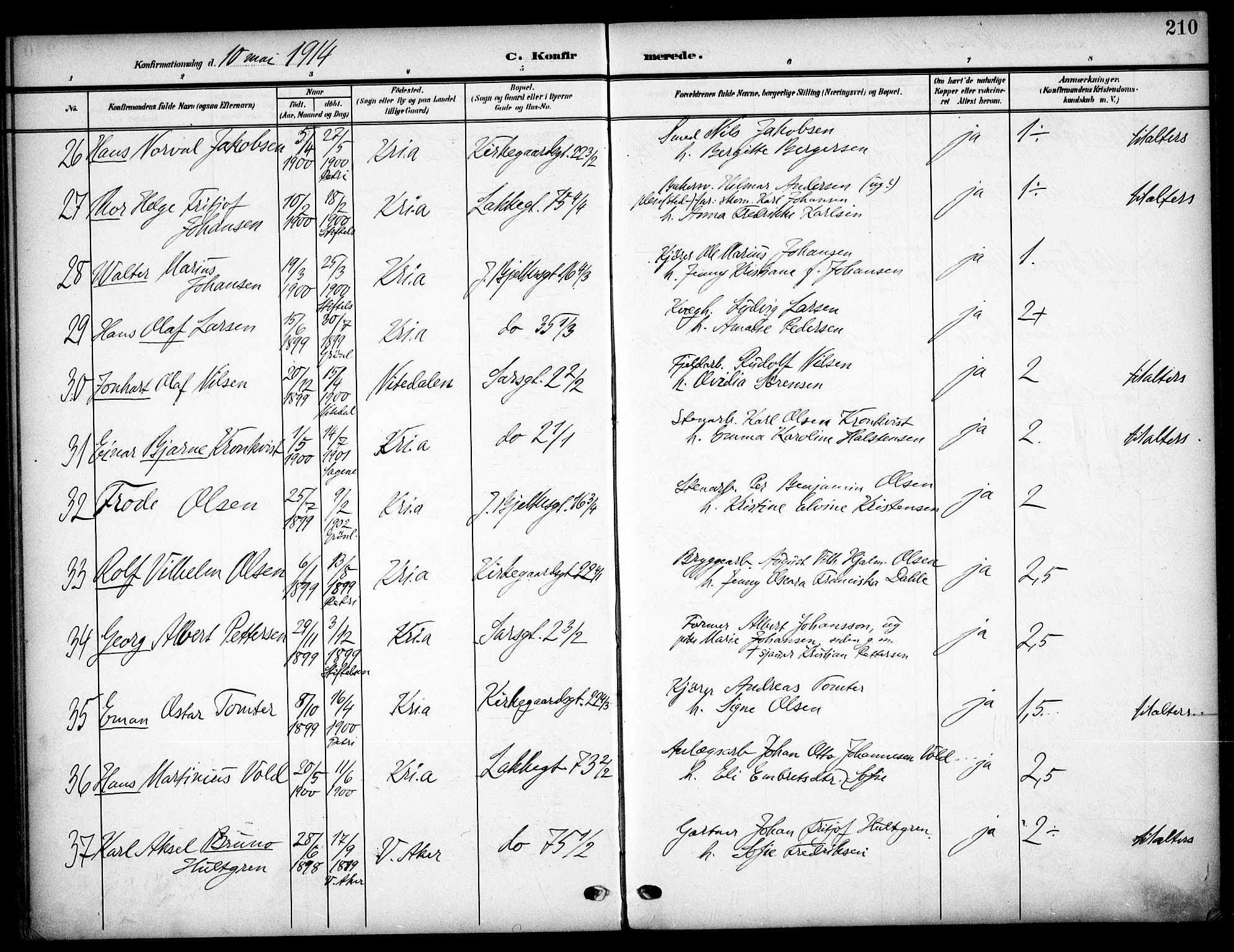 Tøyen prestekontor Kirkebøker, SAO/A-10167a/F/Fa/L0001: Parish register (official) no. 1, 1907-1916, p. 210