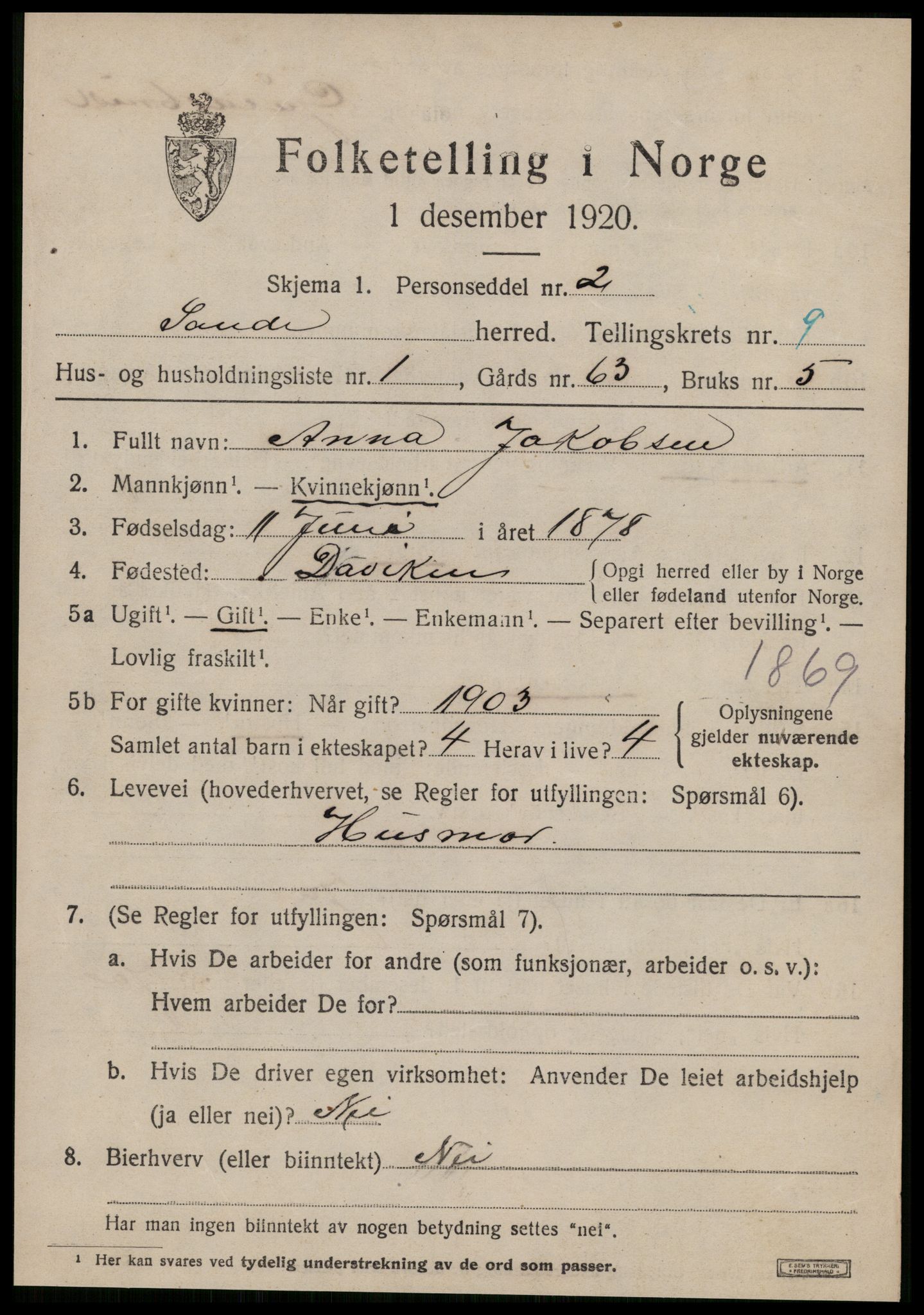 SAT, 1920 census for Sande (MR), 1920, p. 5096