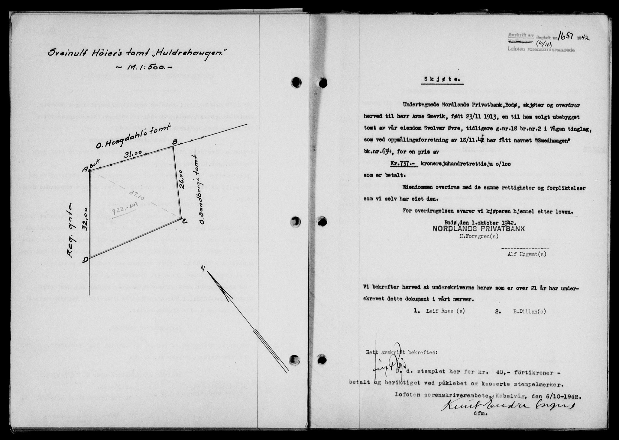 Lofoten sorenskriveri, SAT/A-0017/1/2/2C/L0010a: Mortgage book no. 10a, 1942-1943, Diary no: : 1657/1942