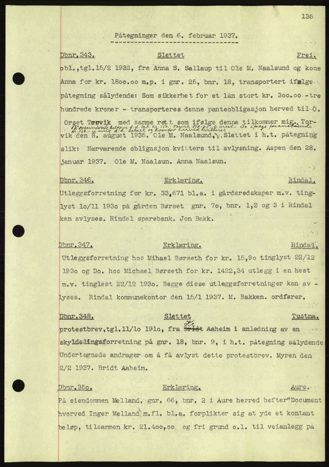 Nordmøre sorenskriveri, AV/SAT-A-4132/1/2/2Ca: Mortgage book no. C80, 1936-1939, Diary no: : 343/1937