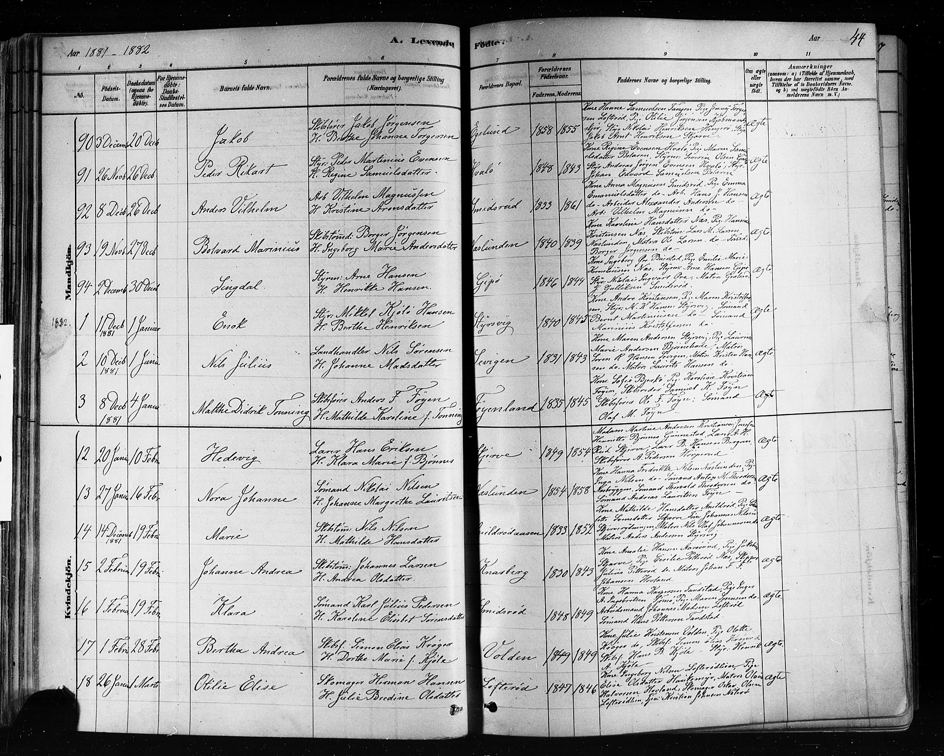 Nøtterøy kirkebøker, AV/SAKO-A-354/F/Fa/L0008: Parish register (official) no. I 8, 1878-1893, p. 44