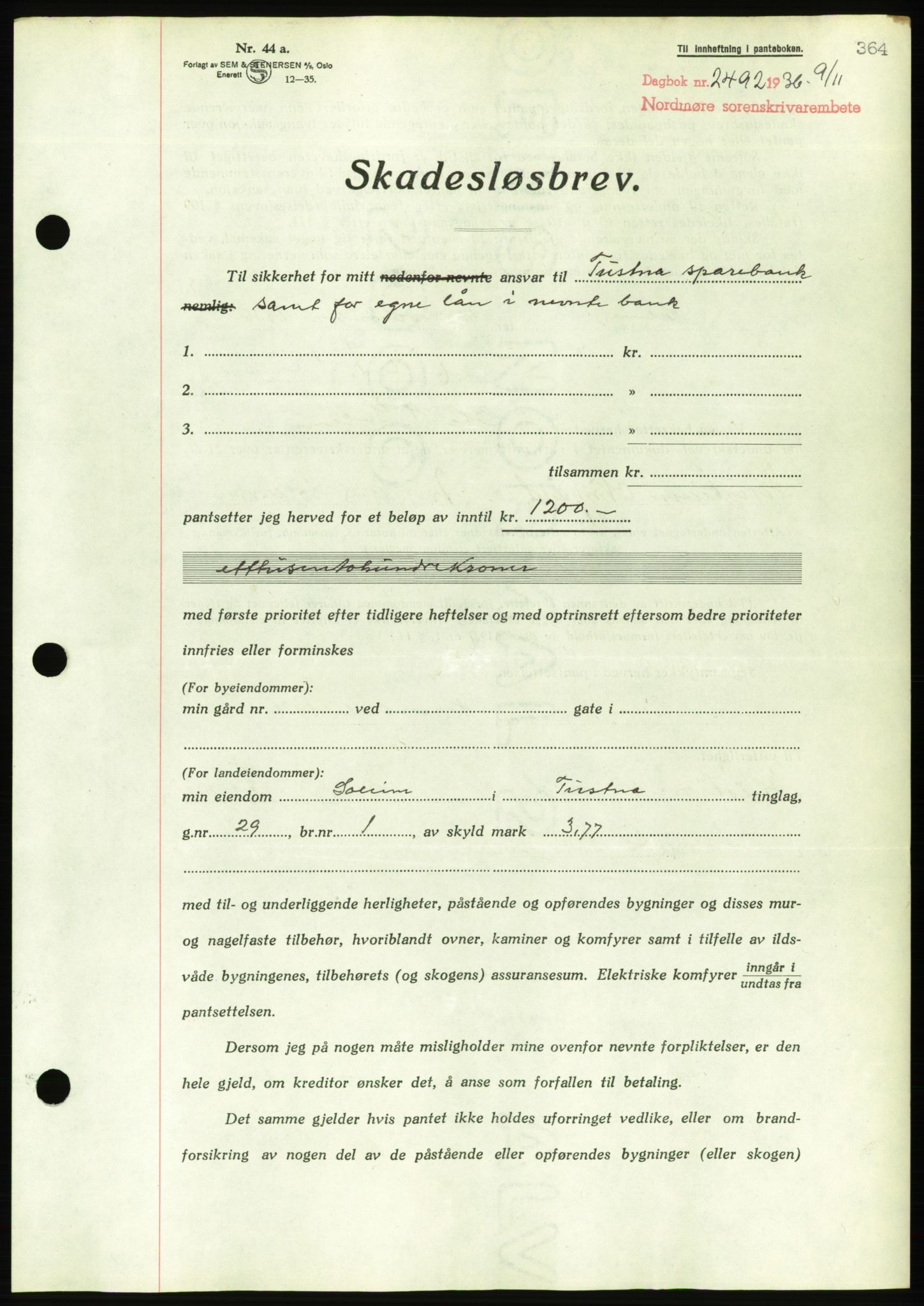 Nordmøre sorenskriveri, AV/SAT-A-4132/1/2/2Ca/L0090: Mortgage book no. B80, 1936-1937, Diary no: : 2492/1936