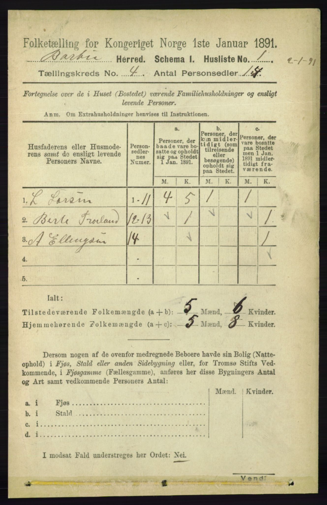 RA, 1891 census for 0990 Barbu, 1891, p. 2320