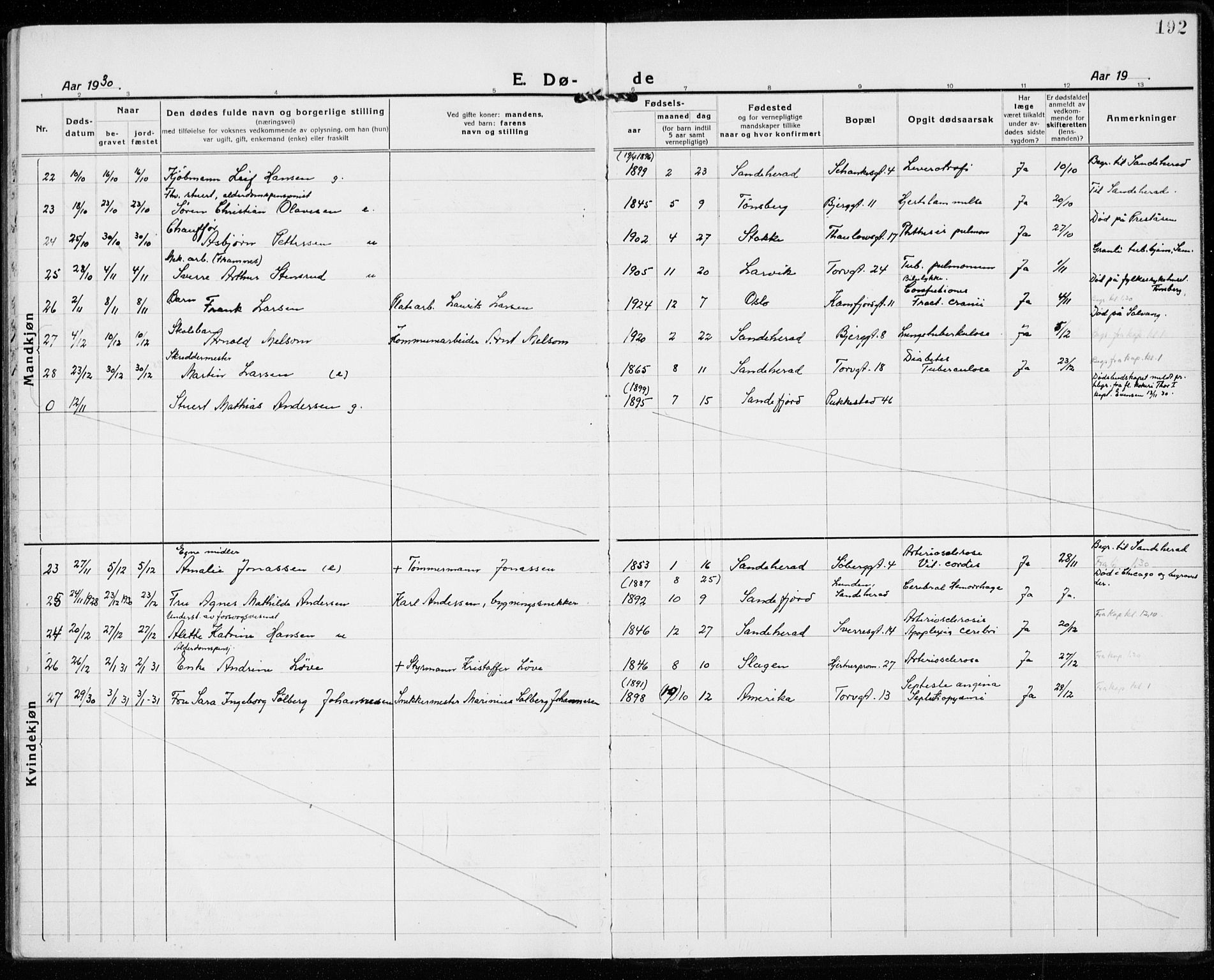 Sandefjord kirkebøker, AV/SAKO-A-315/G/Ga/L0004: Parish register (copy) no. 4, 1920-1931, p. 192