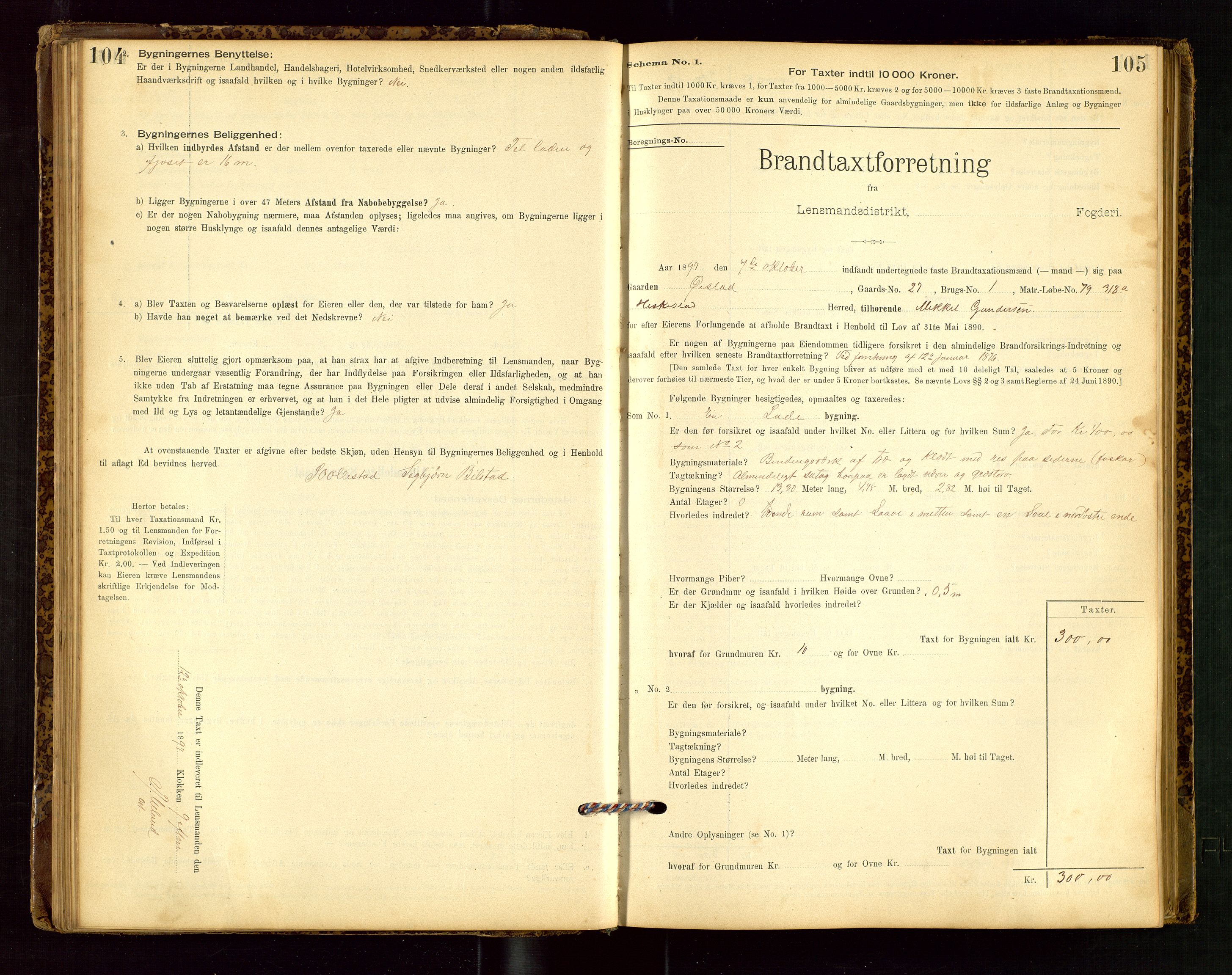 Heskestad lensmannskontor, AV/SAST-A-100304/Gob/L0001: "Brandtaxationsprotokol", 1894-1915, p. 104-105