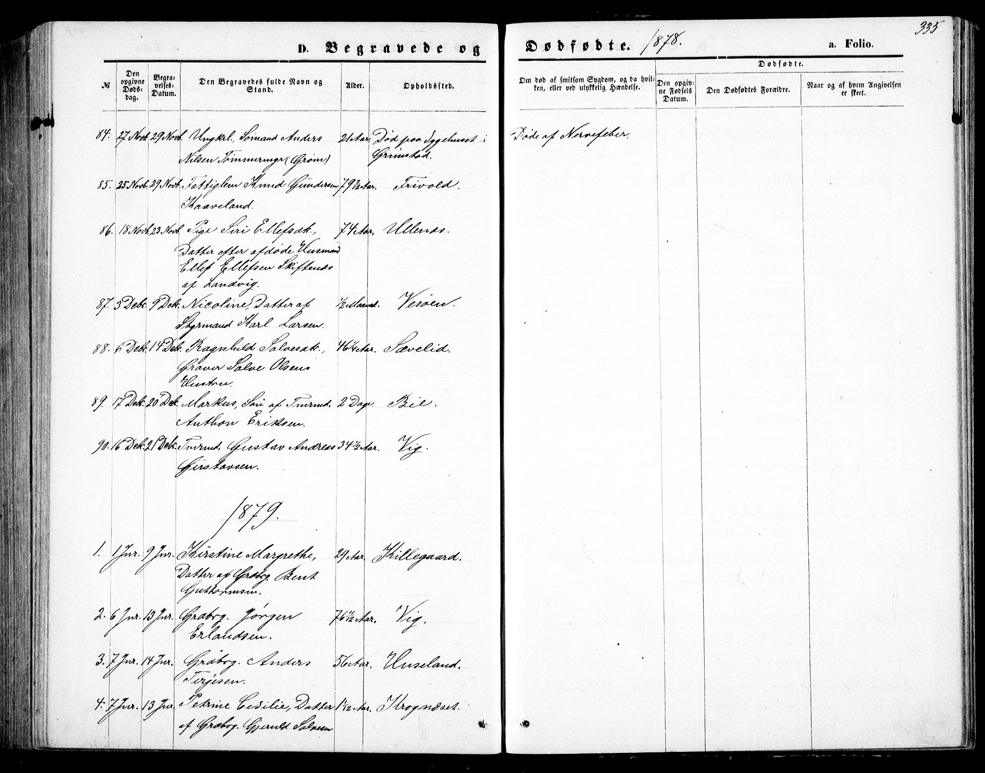 Fjære sokneprestkontor, SAK/1111-0011/F/Fb/L0010: Parish register (copy) no. B 10, 1871-1880, p. 335