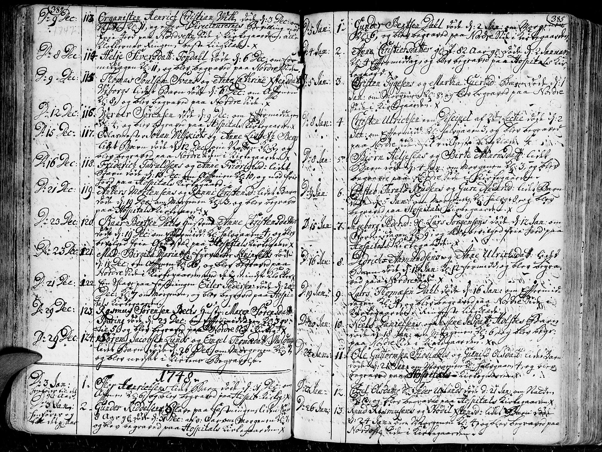 Kristiansand domprosti, SAK/1112-0006/F/Fa/L0001: Parish register (official) no. A 1, 1734-1793, p. 384-385