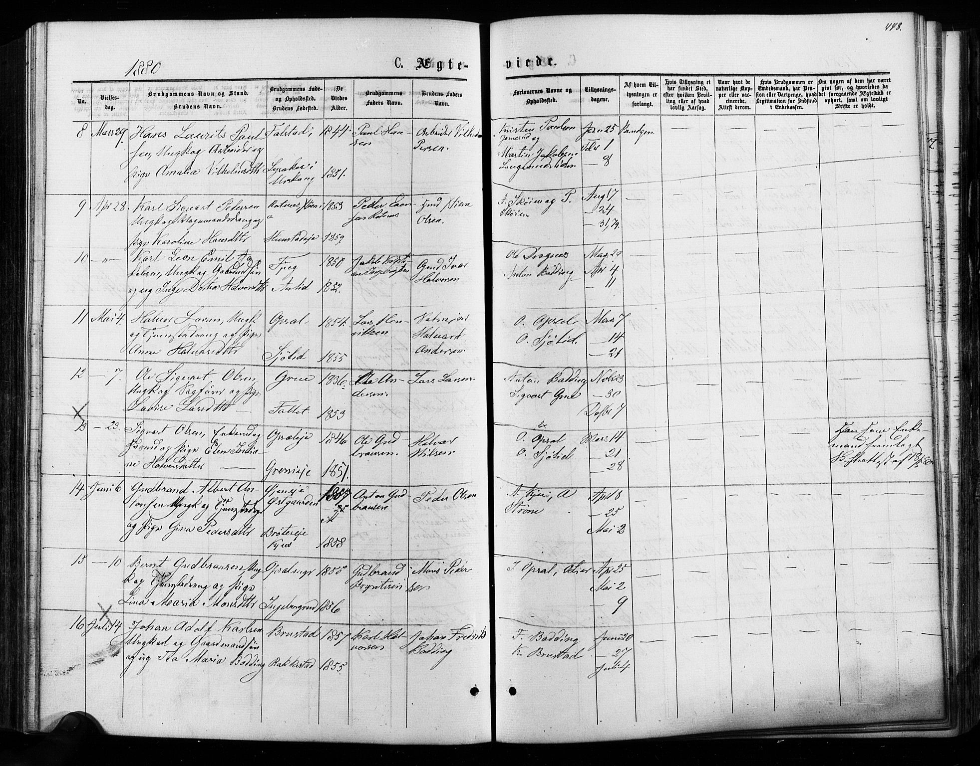 Nes prestekontor Kirkebøker, AV/SAO-A-10410/F/Fa/L0009: Parish register (official) no. I 9, 1875-1882, p. 448