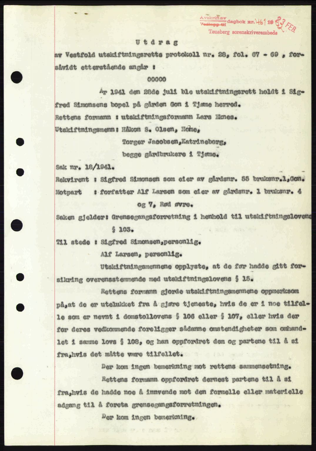 Tønsberg sorenskriveri, AV/SAKO-A-130/G/Ga/Gaa/L0011: Mortgage book no. A11, 1941-1942, Diary no: : 461/1942