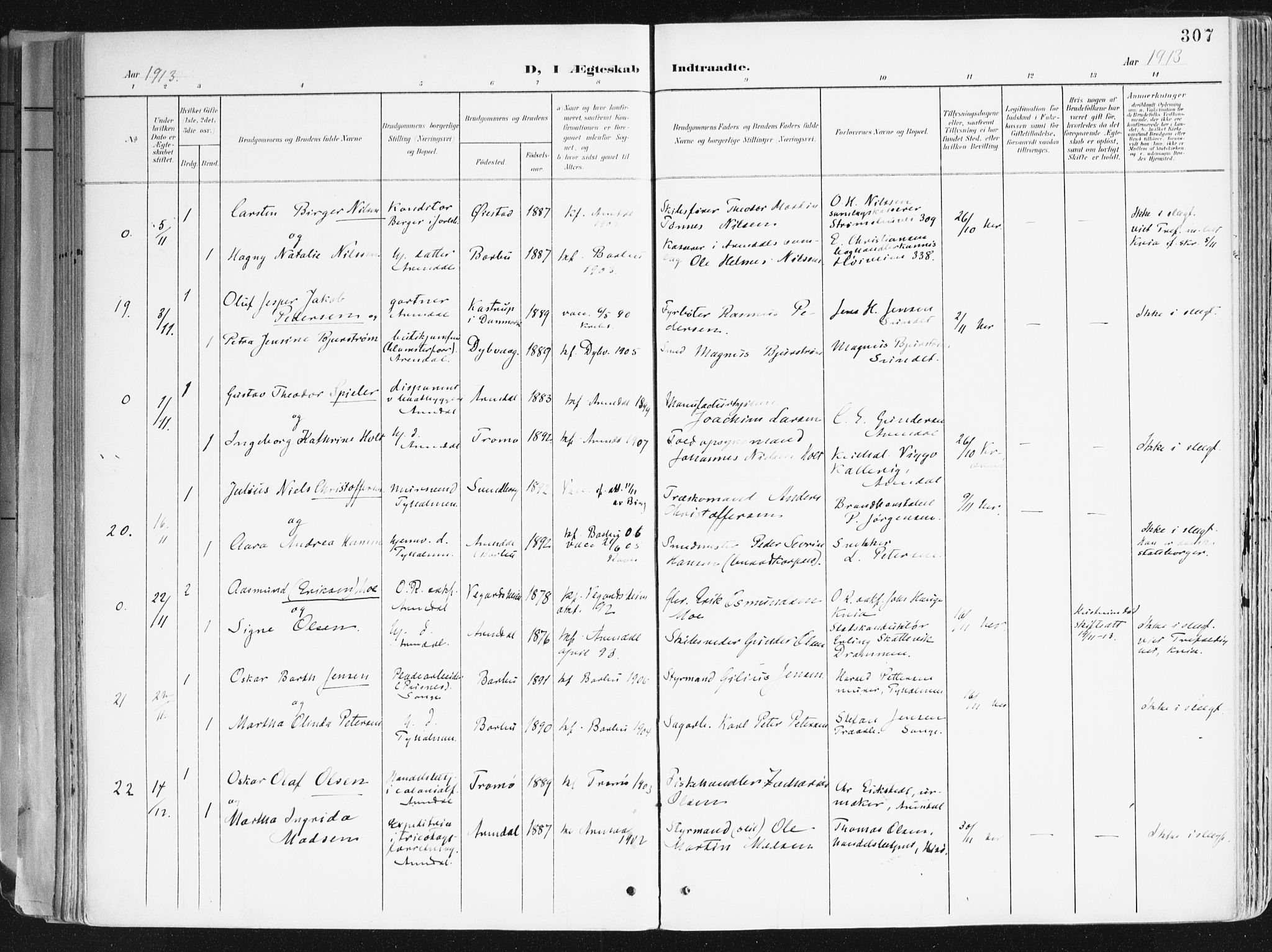 Arendal sokneprestkontor, Trefoldighet, AV/SAK-1111-0040/F/Fa/L0010: Parish register (official) no. A 10, 1900-1919, p. 307