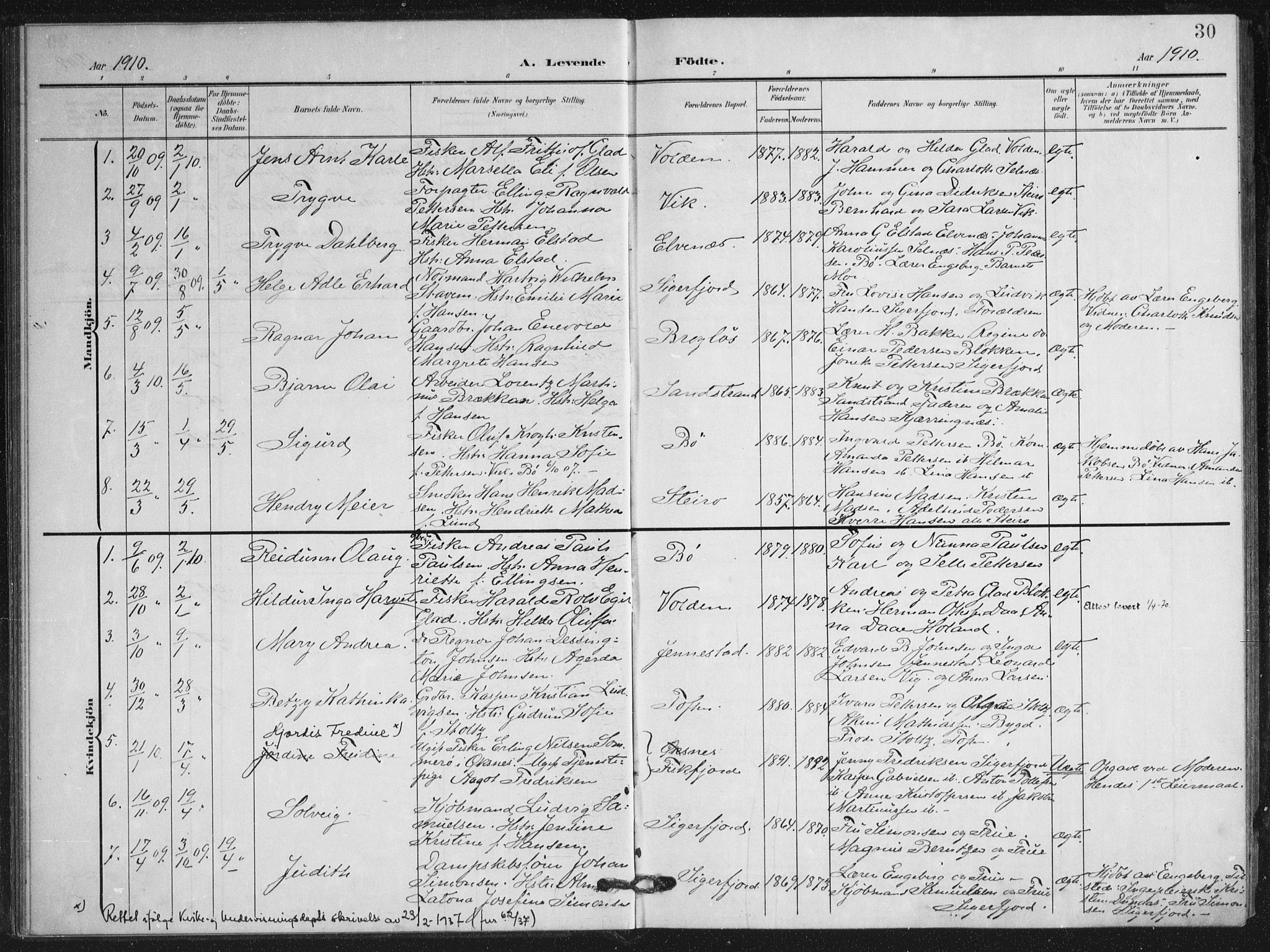 Ministerialprotokoller, klokkerbøker og fødselsregistre - Nordland, SAT/A-1459/895/L1373: Parish register (official) no. 895A08, 1905-1915, p. 30