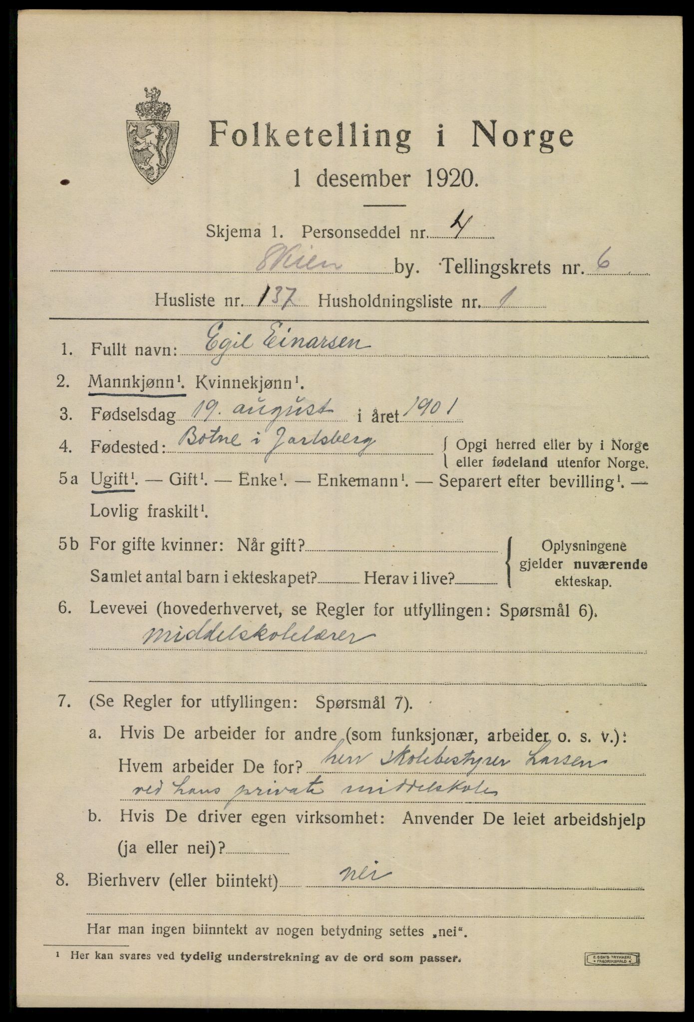 SAKO, 1920 census for Skien, 1920, p. 24344