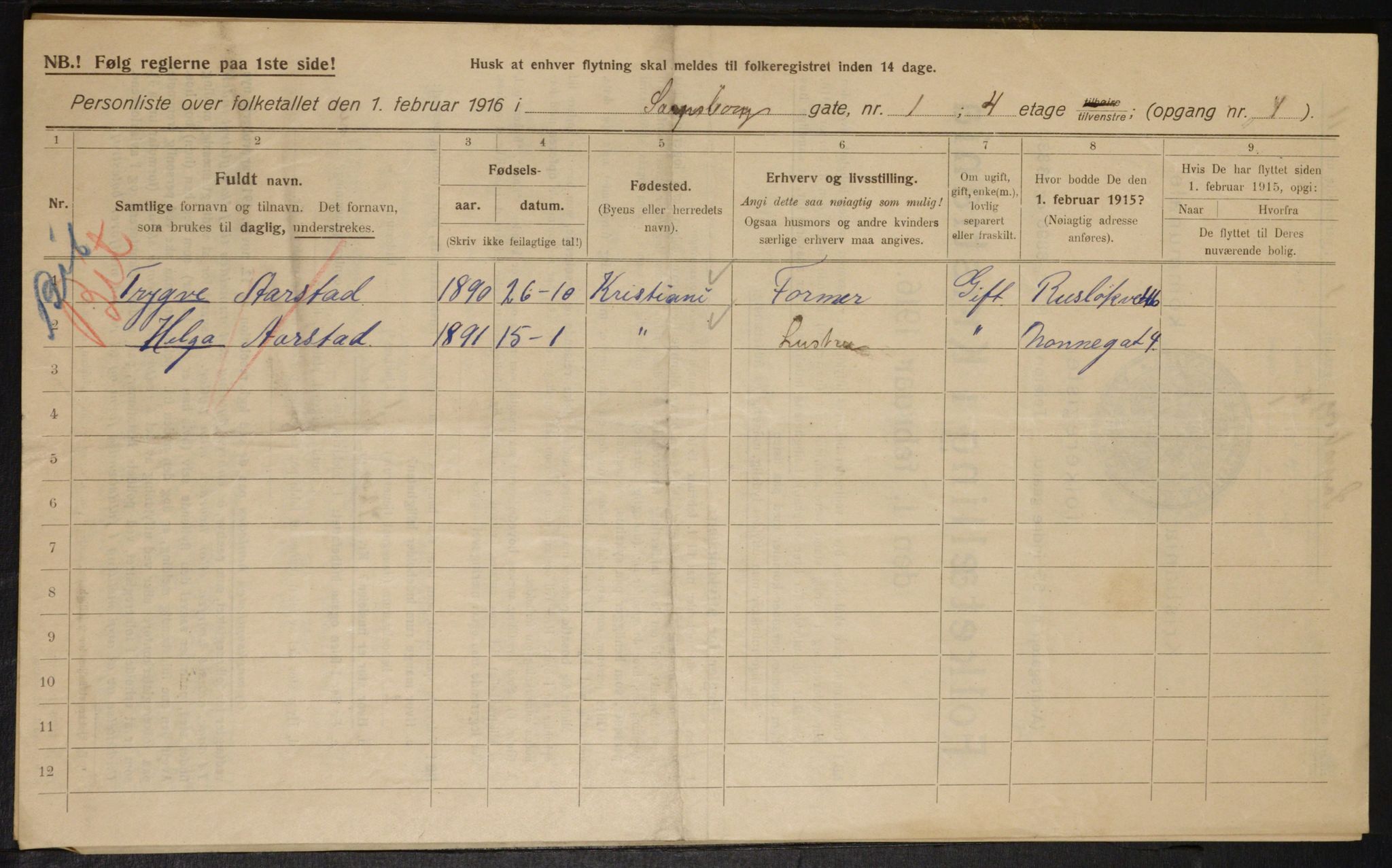 OBA, Municipal Census 1916 for Kristiania, 1916, p. 91300