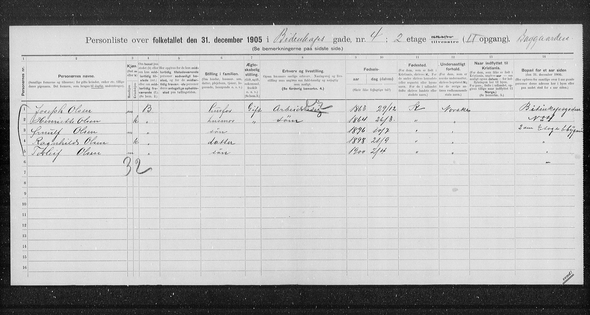 OBA, Municipal Census 1905 for Kristiania, 1905, p. 2314