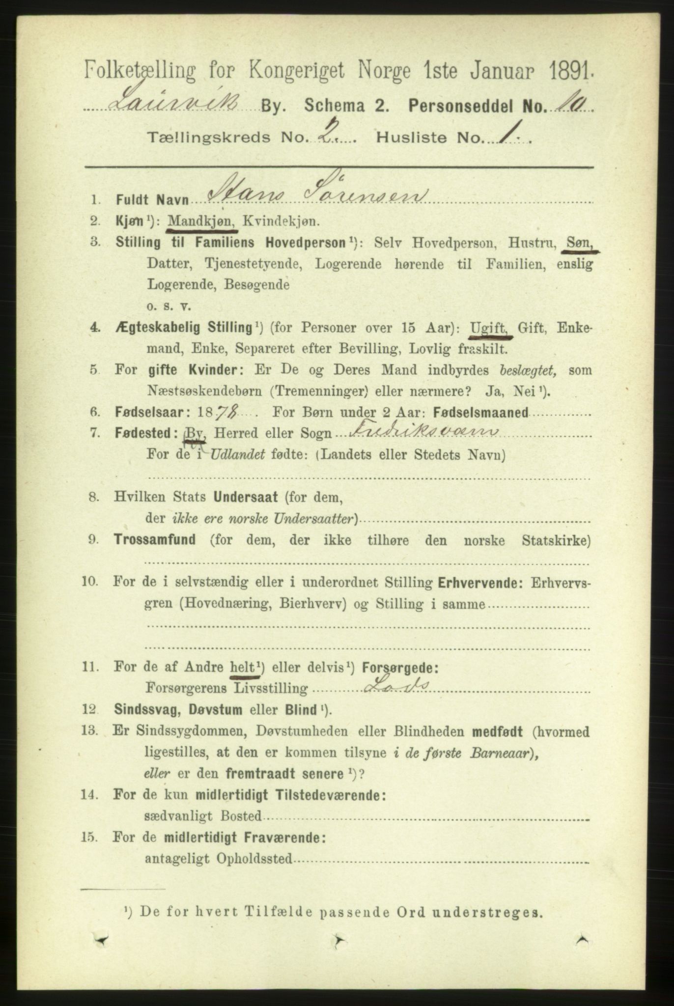 RA, 1891 census for 0707 Larvik, 1891, p. 3340