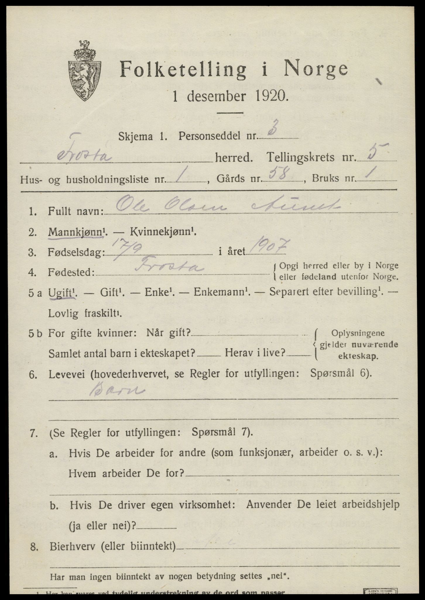 SAT, 1920 census for Frosta, 1920, p. 5840