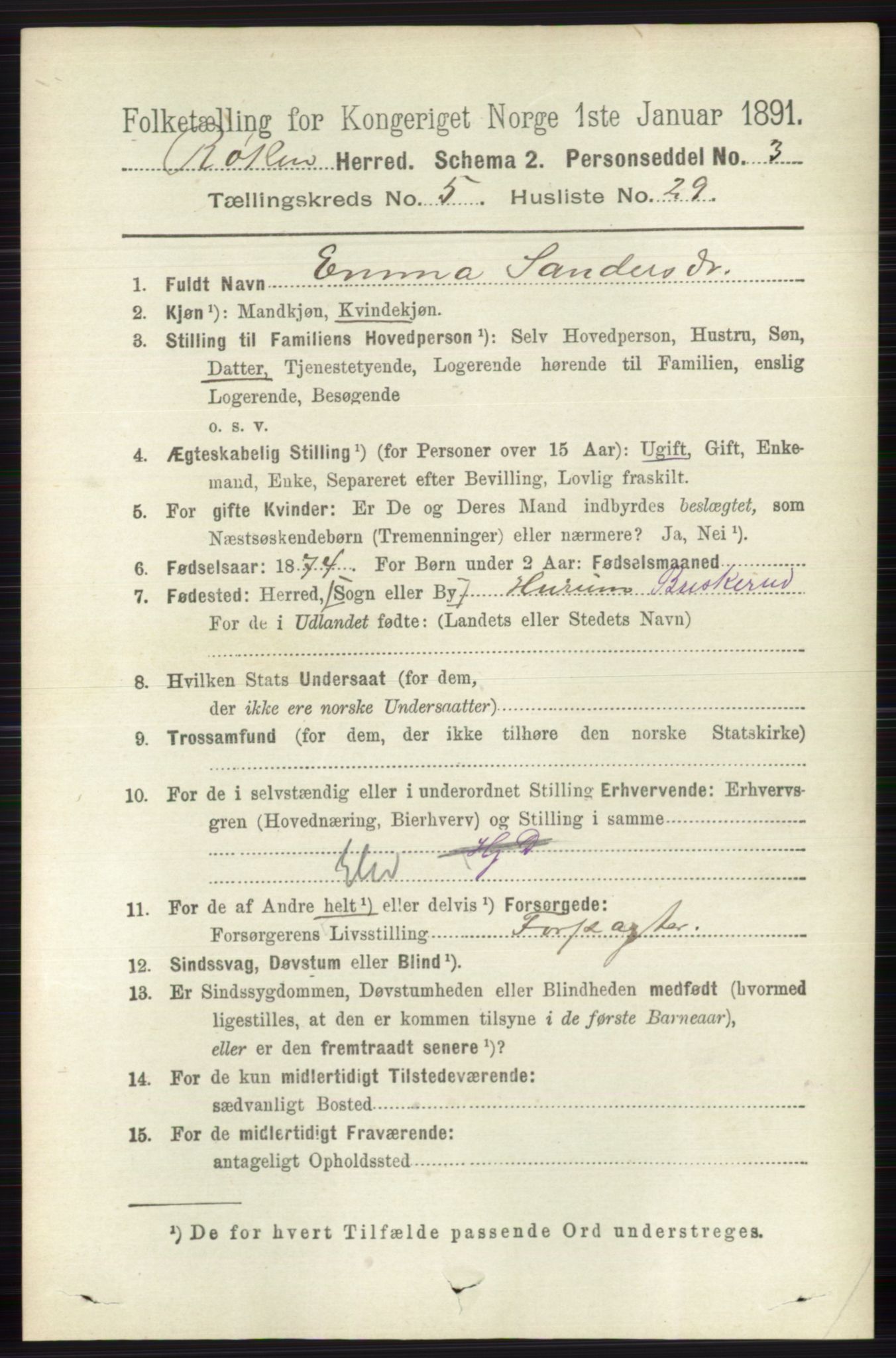 RA, 1891 census for 0627 Røyken, 1891, p. 3037