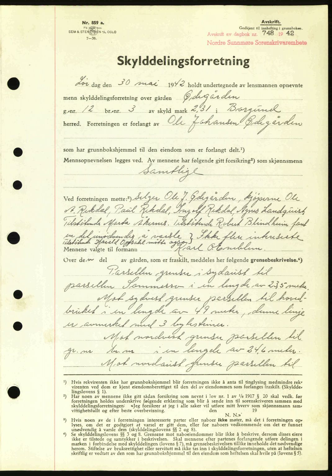 Nordre Sunnmøre sorenskriveri, AV/SAT-A-0006/1/2/2C/2Ca: Mortgage book no. A13, 1942-1942, Diary no: : 748/1942