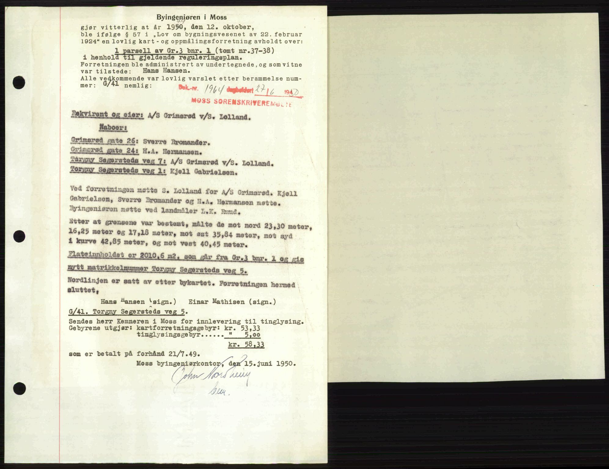 Moss sorenskriveri, AV/SAO-A-10168: Mortgage book no. A26, 1950-1950, Diary no: : 1964/1950