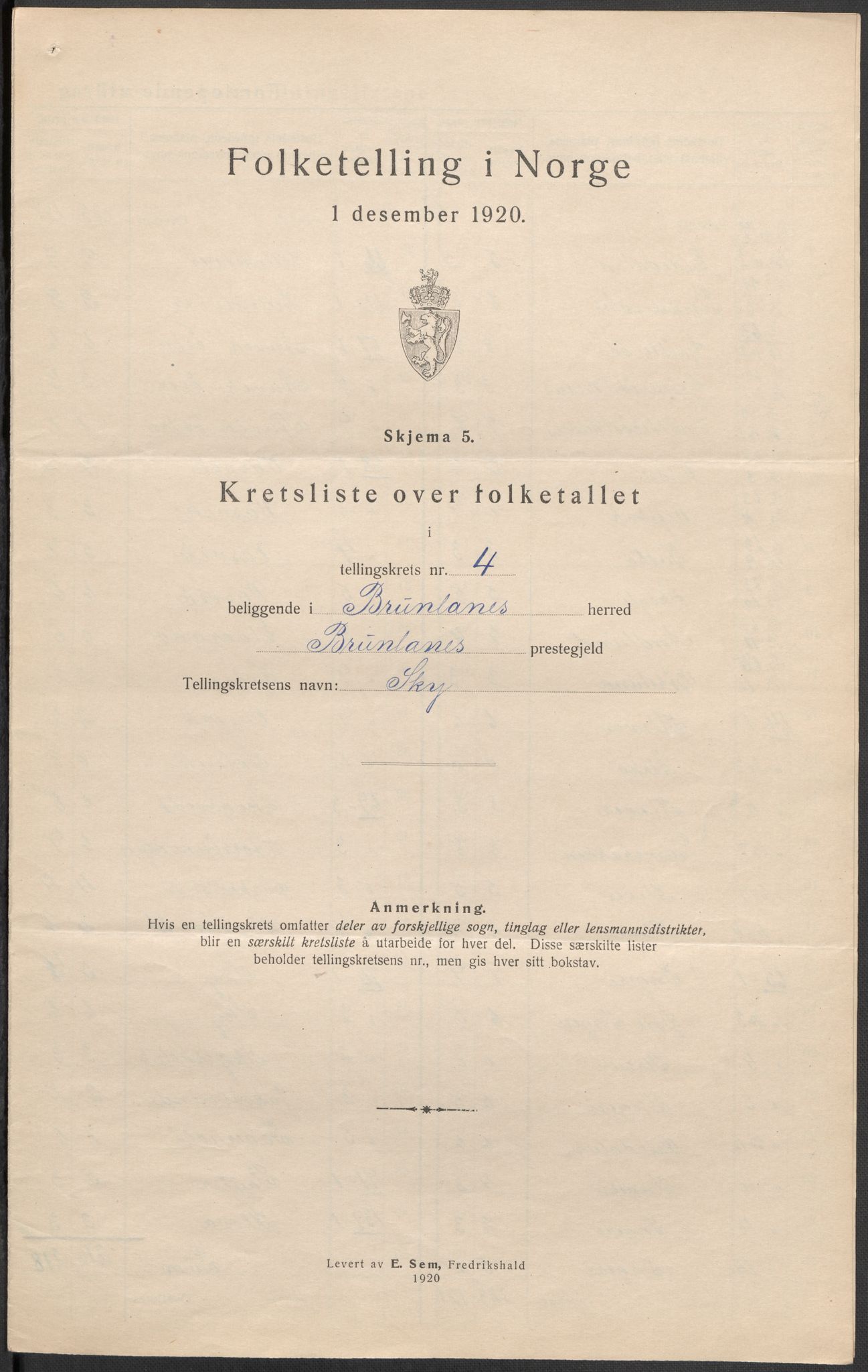 SAKO, 1920 census for Brunlanes, 1920, p. 20