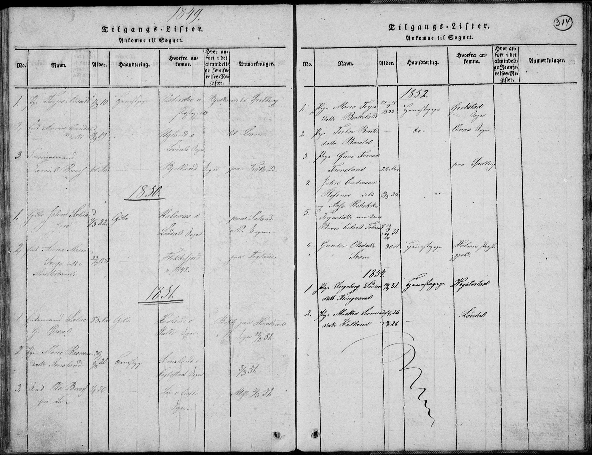 Nord-Audnedal sokneprestkontor, AV/SAK-1111-0032/F/Fb/Fbb/L0001: Parish register (copy) no. B 1, 1816-1858, p. 314