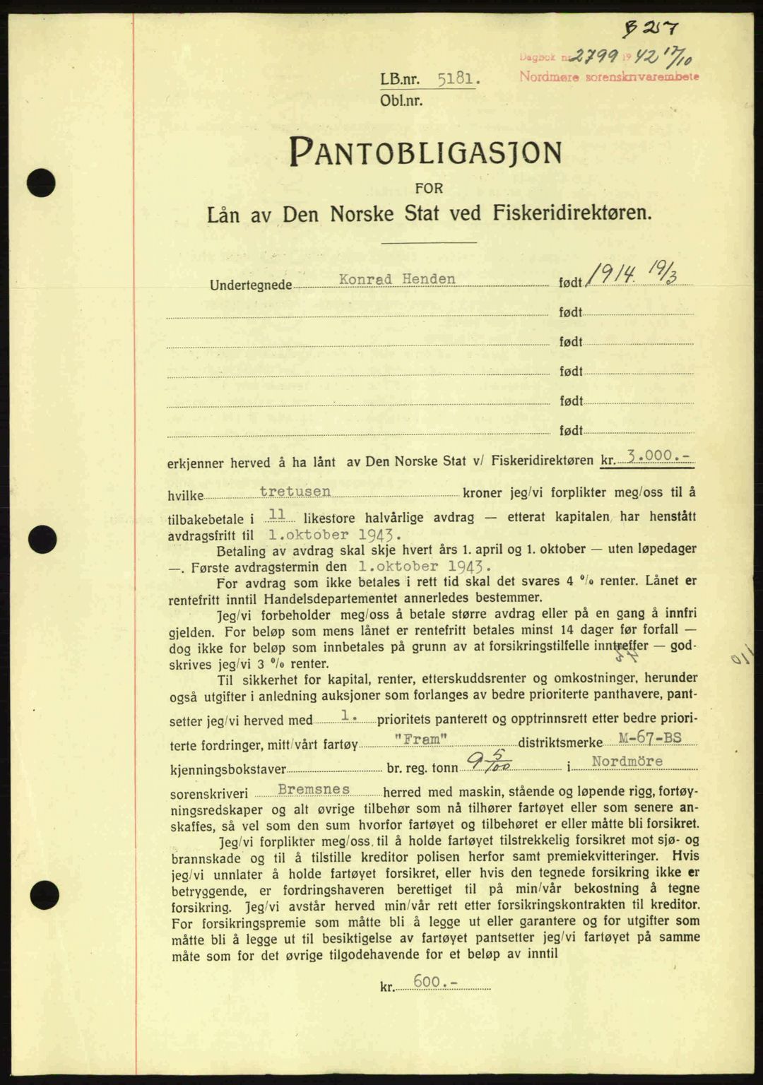 Nordmøre sorenskriveri, AV/SAT-A-4132/1/2/2Ca: Mortgage book no. B90, 1942-1943, Diary no: : 2799/1942