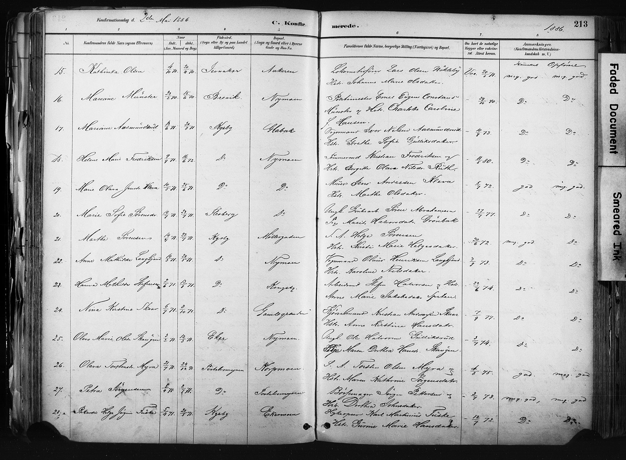 Kongsberg kirkebøker, AV/SAKO-A-22/F/Fb/L0002: Parish register (official) no. II 2, 1886-1896, p. 213